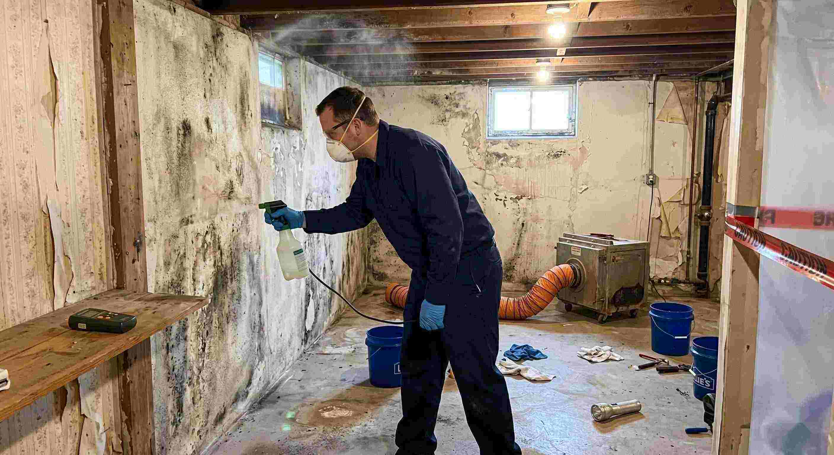 Professional technician performing antimicrobial mold treatment in a damp basement during mold remediation in a home in Cape Coral.
