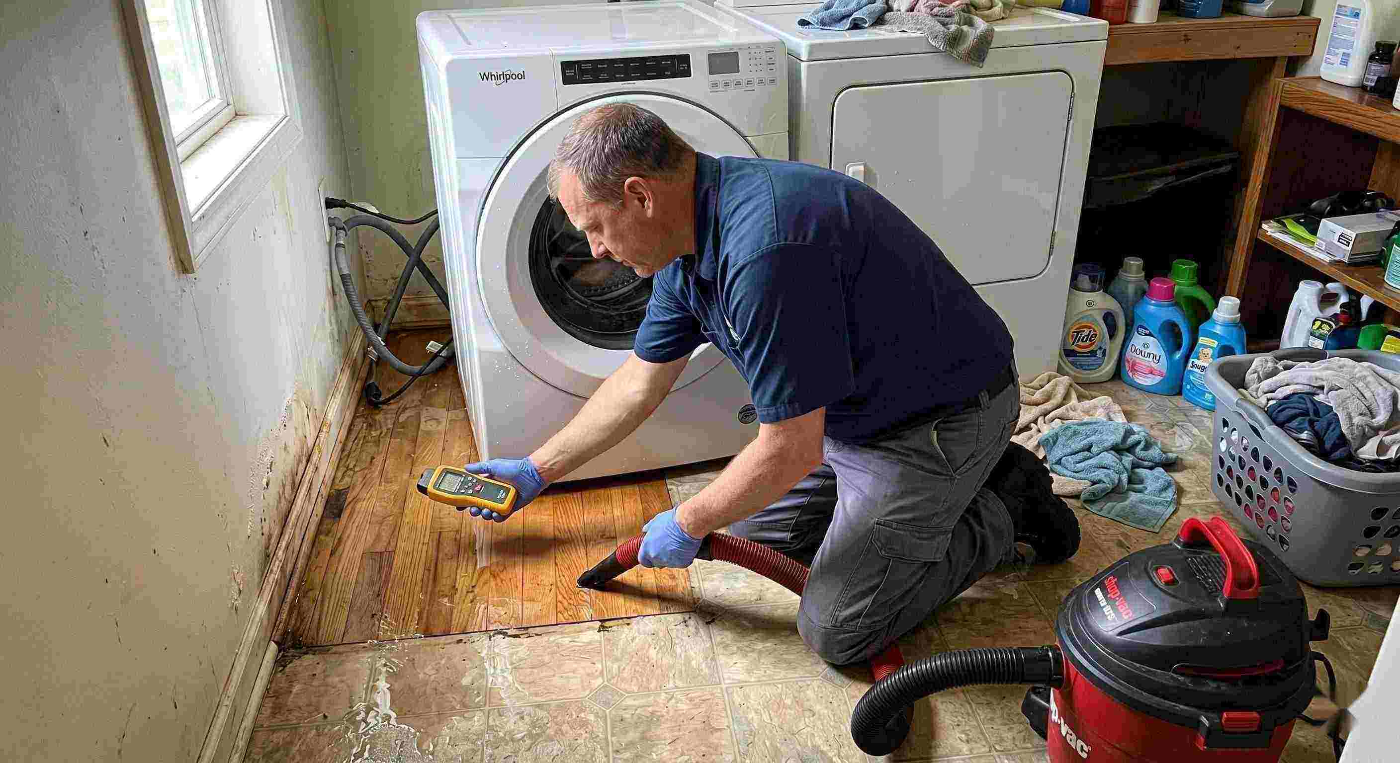 Appliance leak cleanup in a home laundry area with water pooling around the washing machine, showing technicians removing water and inspecting damp floors in Cape Coral.