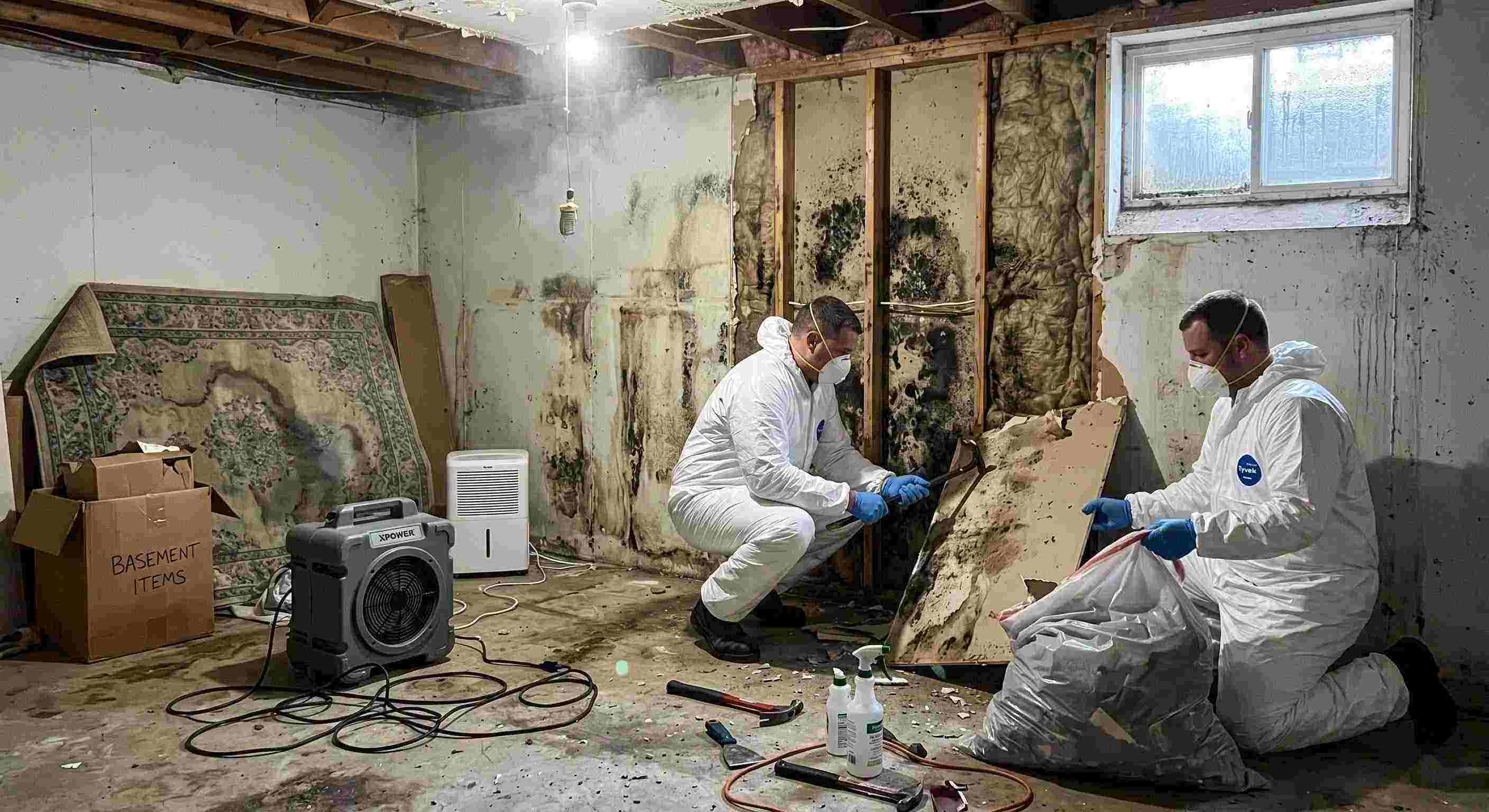 Realistic basement mold removal in a home in Cape Coral, showing technicians safely removing black mold and using dehumidifiers and HEPA air scrubbers.