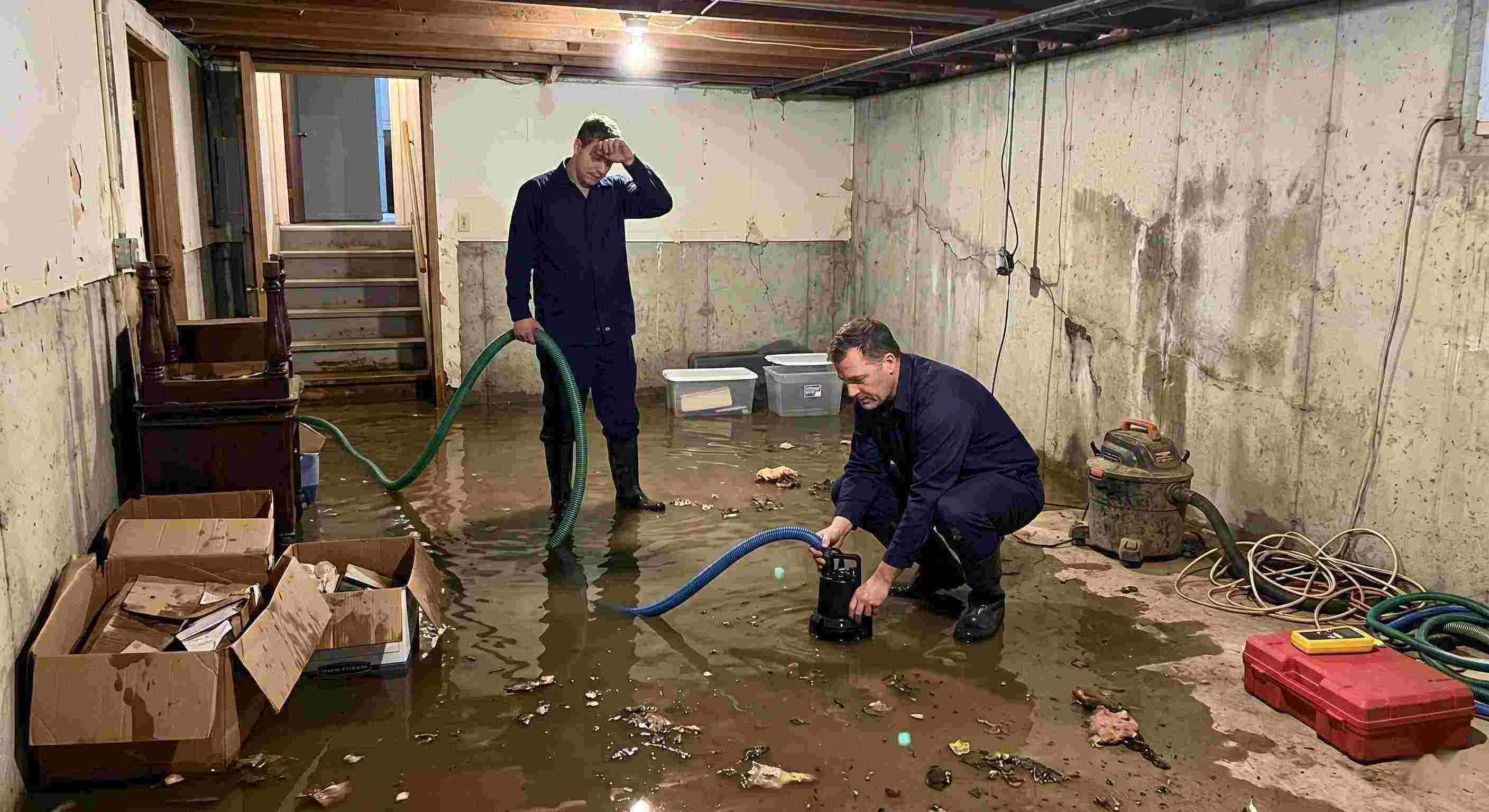 basement water removal service in Cape Coral with technicians pumping out flooded basement