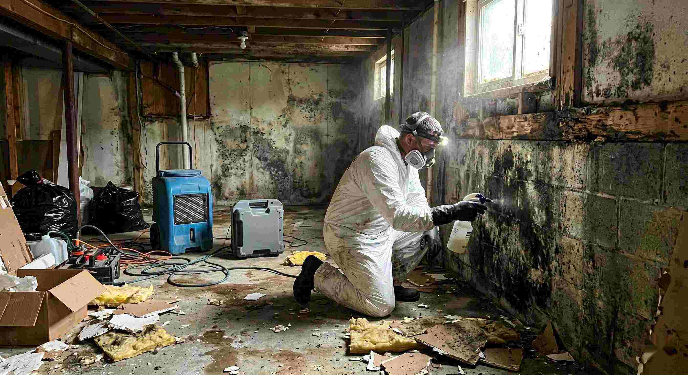 Technician performing black mold cleanup in a damp residential basement in Cape Coral, showing removed drywall, mold patches, and remediation equipment.