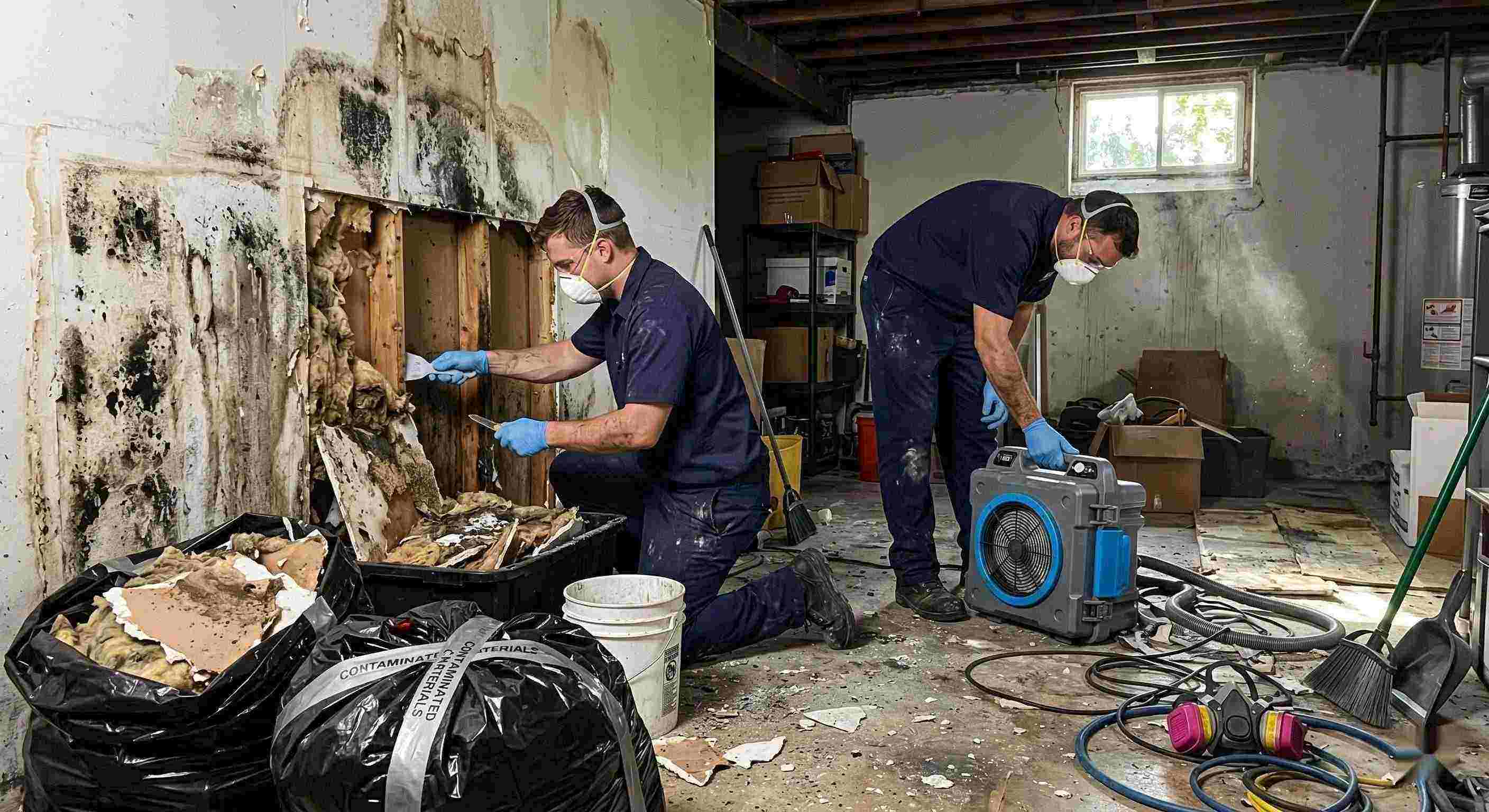 Technicians performing black mold cleanup in a damp residential basement in Cape Coral, carefully removing contaminated drywall and insulation.