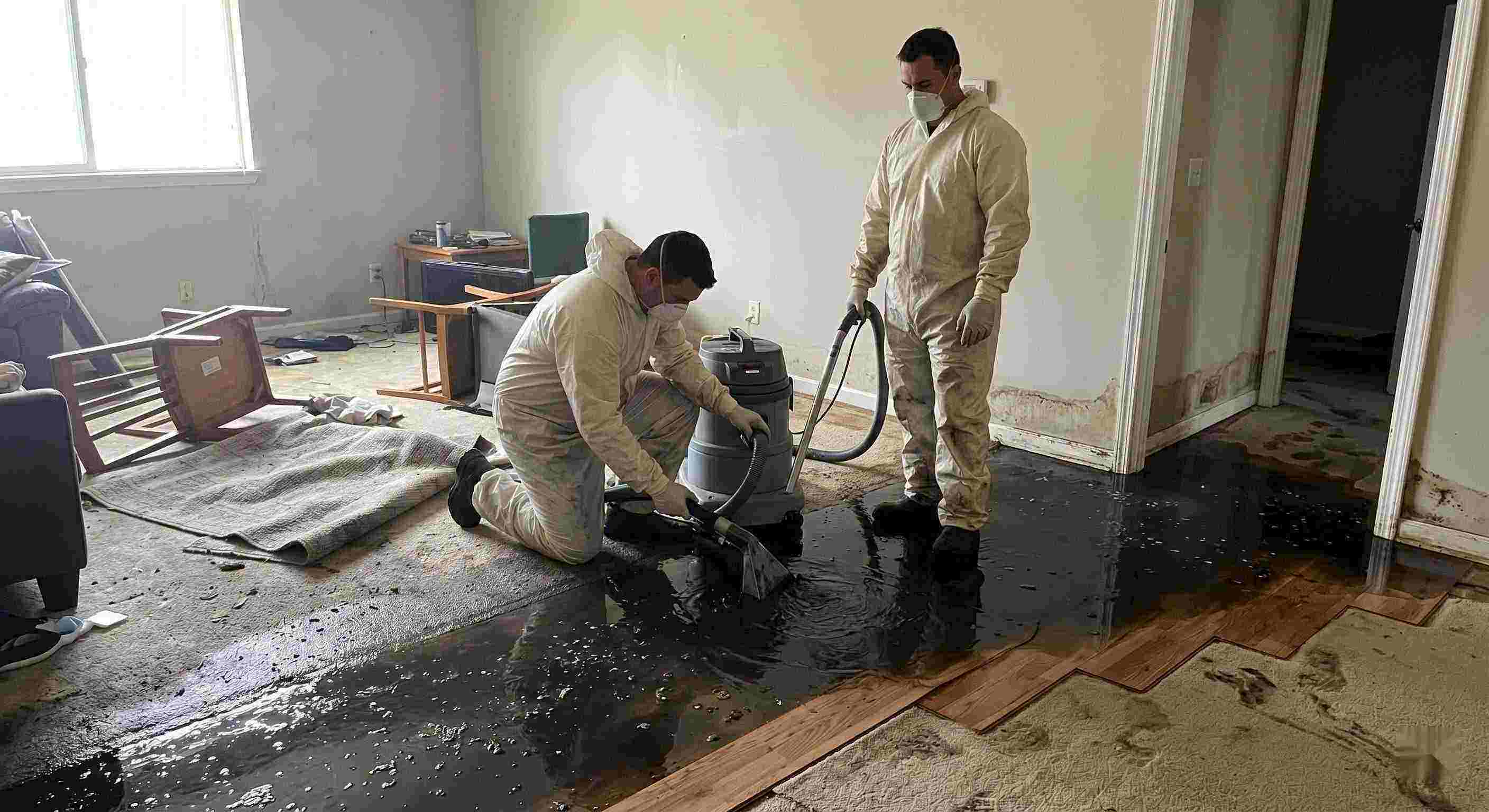 Black water removal service in Cape Coral showing technicians extracting contaminated sewage water from flooded home interior
