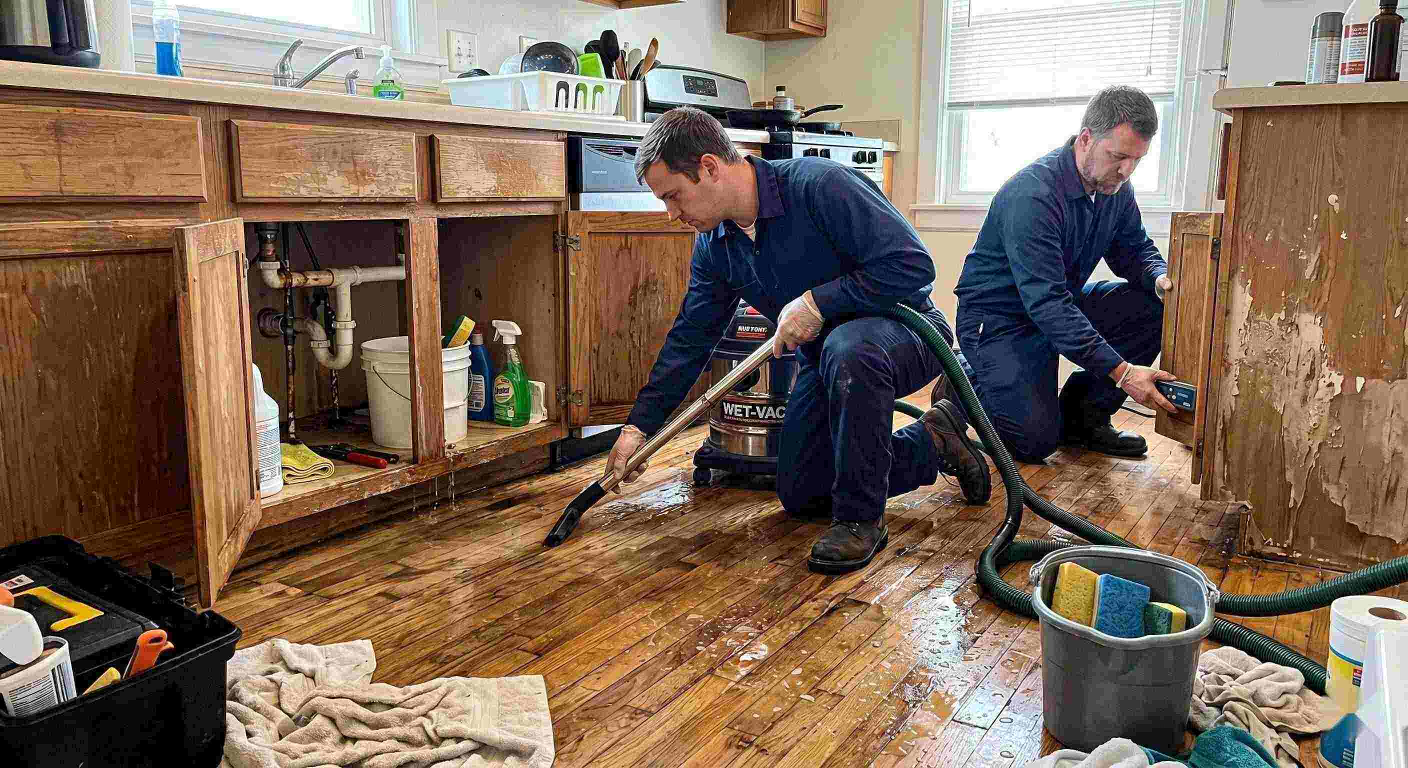 Realistic photo of technicians performing burst pipe water damage cleanup in a home in Cape Coral, removing standing water and inspecting wet floors and walls.