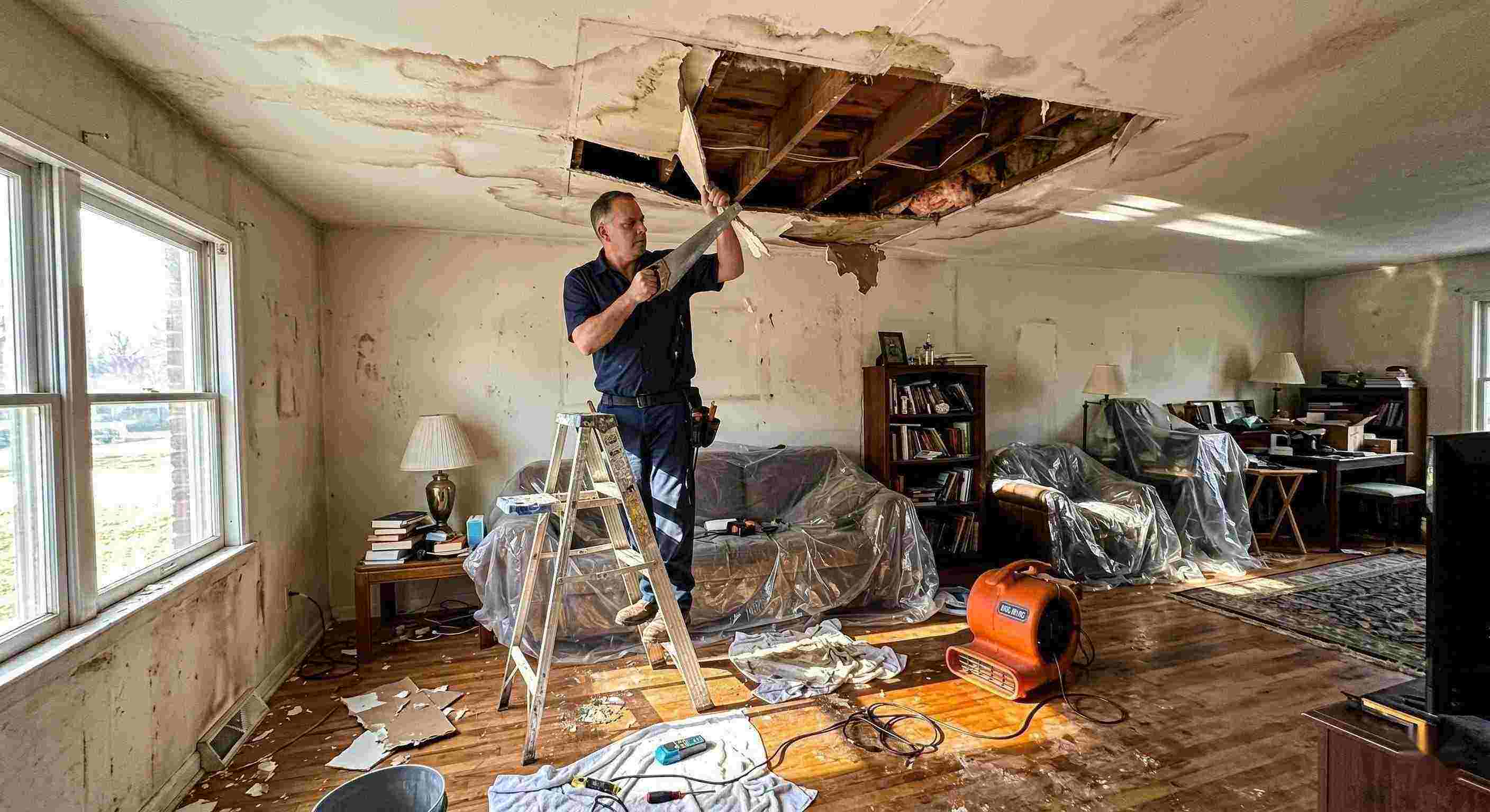 Realistic indoor scene of technicians performing ceiling leak repair in a home in Cape Coral, showing water-damaged ceiling, tools, and drying equipment.