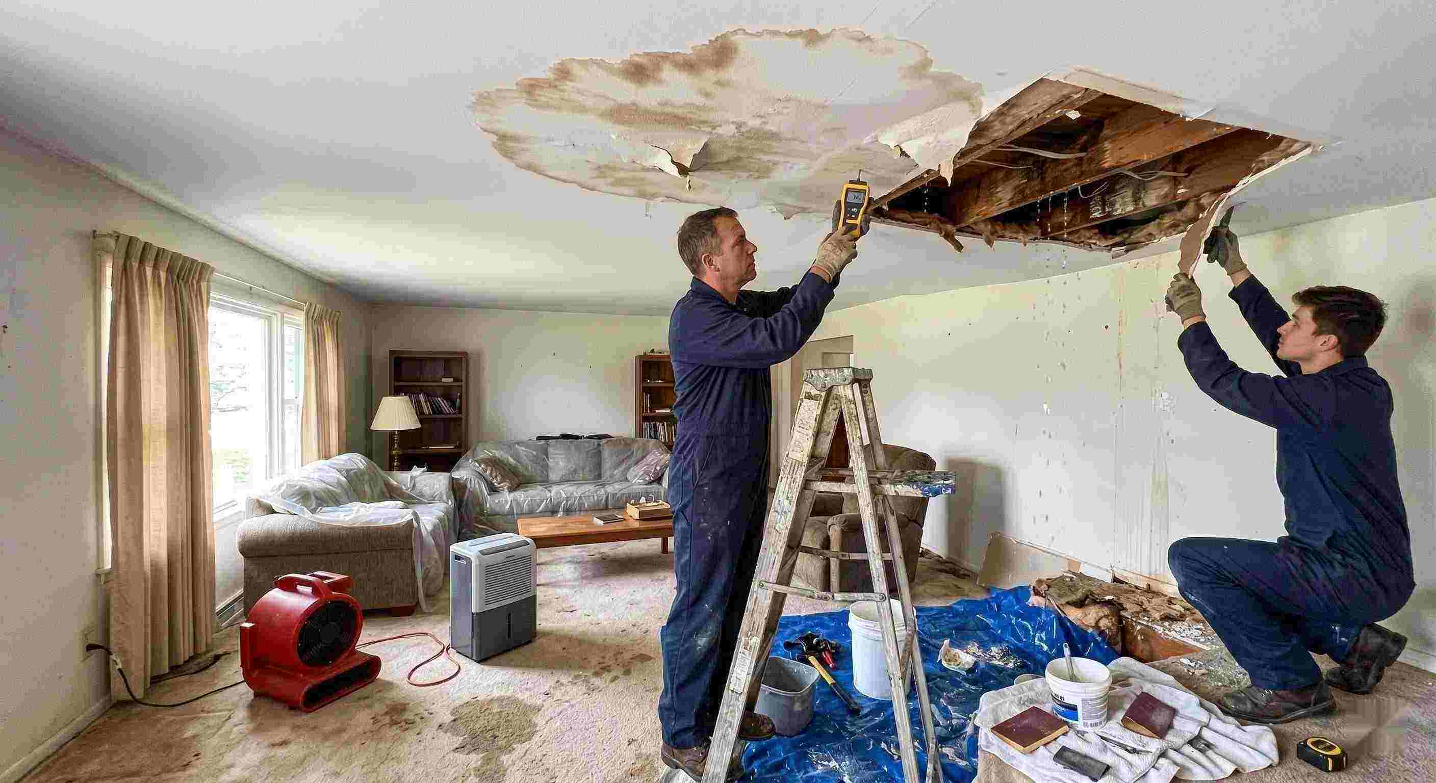 Realistic residential ceiling leak repair scene with technicians using moisture meters and air movers to fix water damage in a home in Cape Coral.