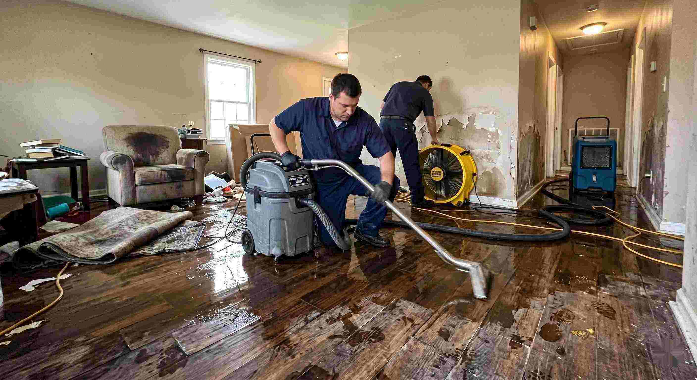 Local emergency water damage restoration technicians removing water from flooded home in Estero