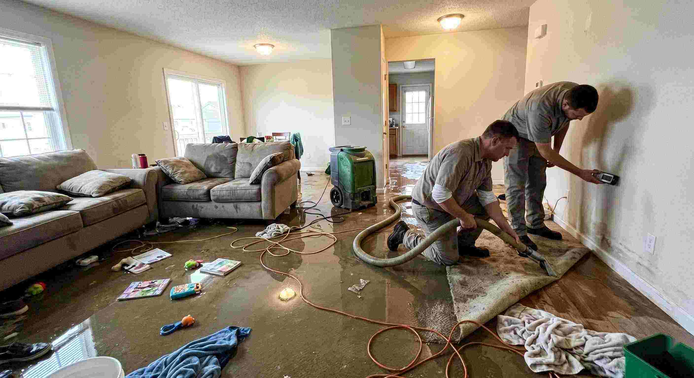 Emergency water removal technicians extracting water from flooded living room in Cape Coral