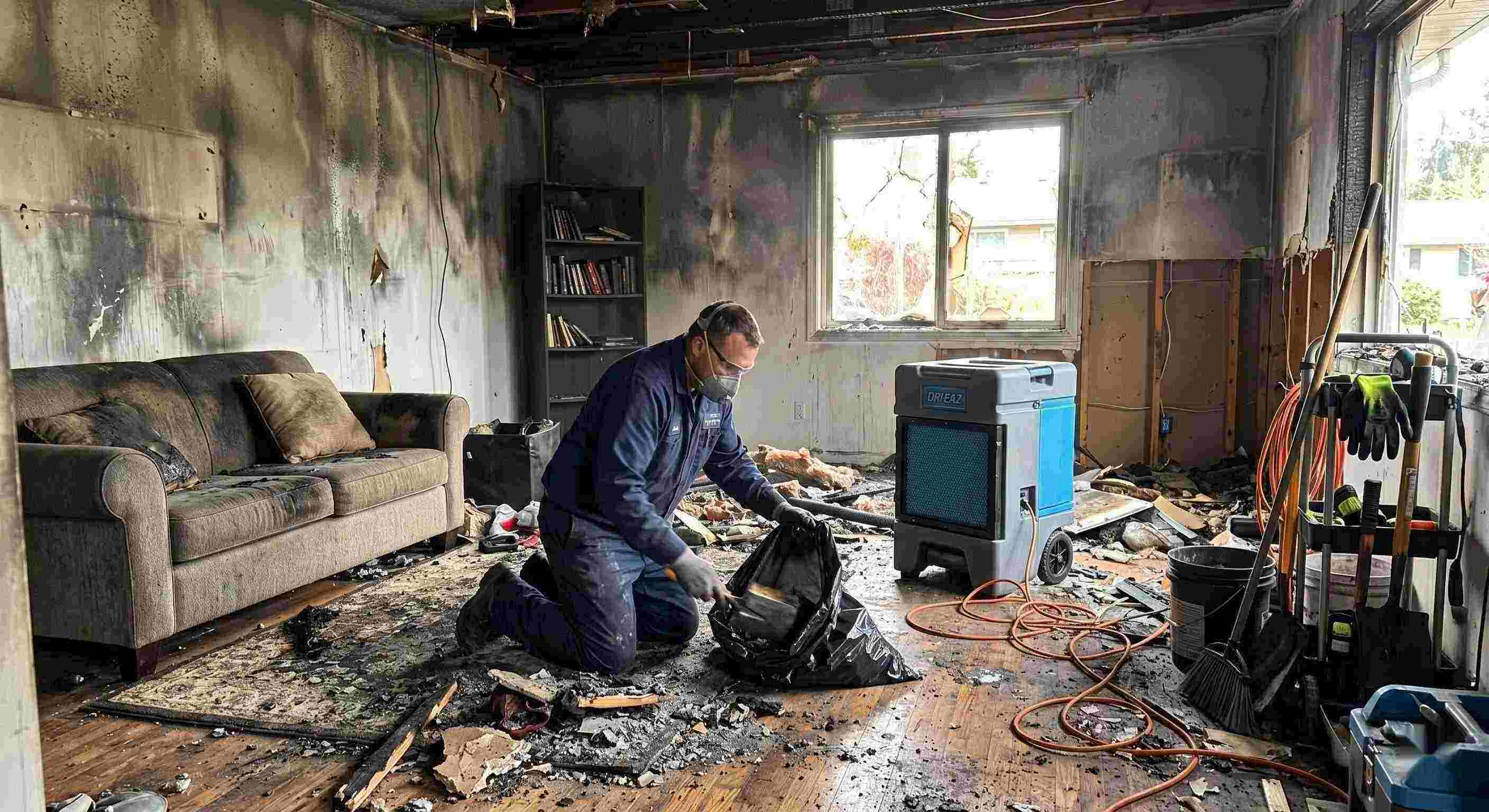 Reliable fire damage cleanup scene with technician removing debris from a home affected by fire in Bonita Springs