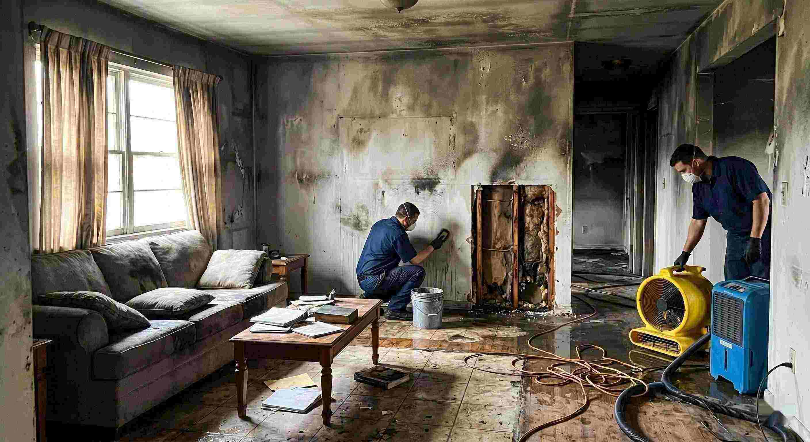Professional fire damage restoration cleanup with technicians removing soot and drying water damage in home Estero