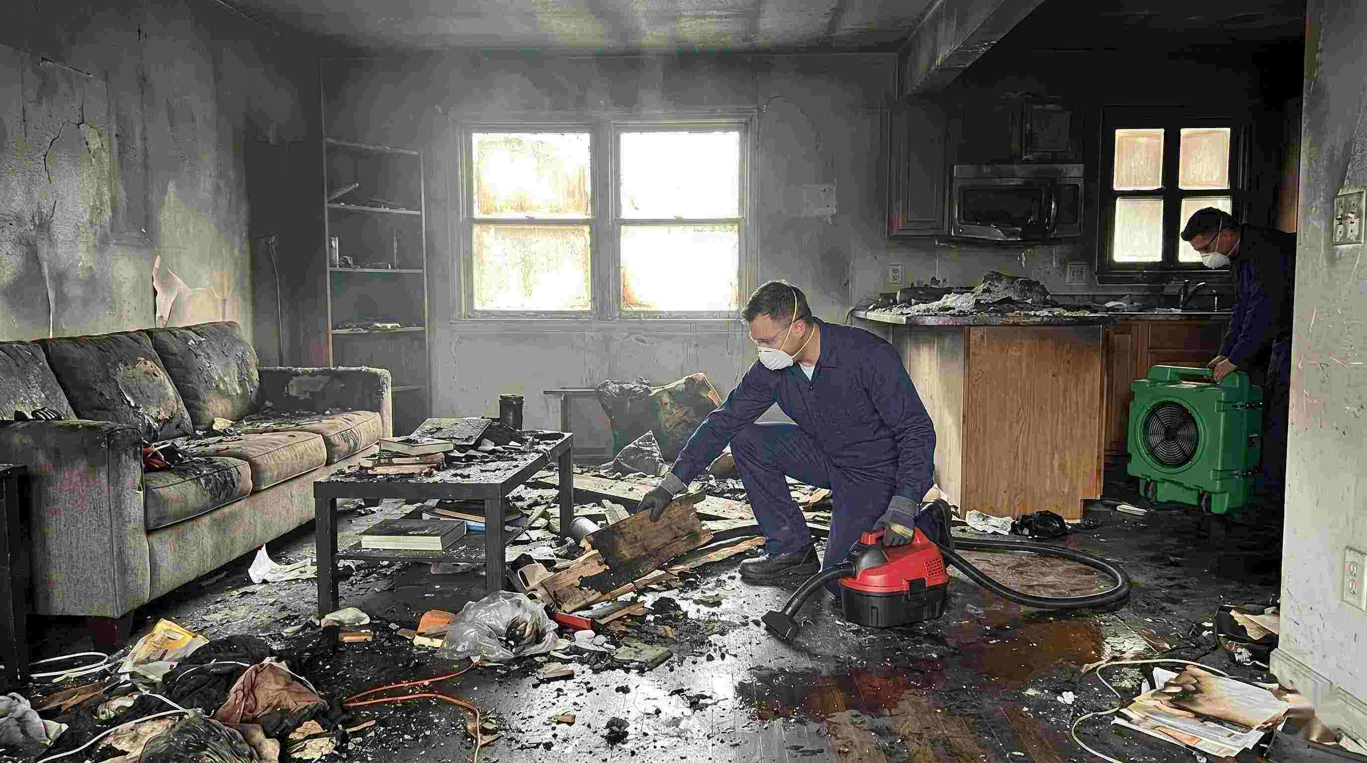Professional realistic image showing extensive fire damage in a home with soot, debris, and smoke residue, captured during fire damage restoration in Bonita Springs.