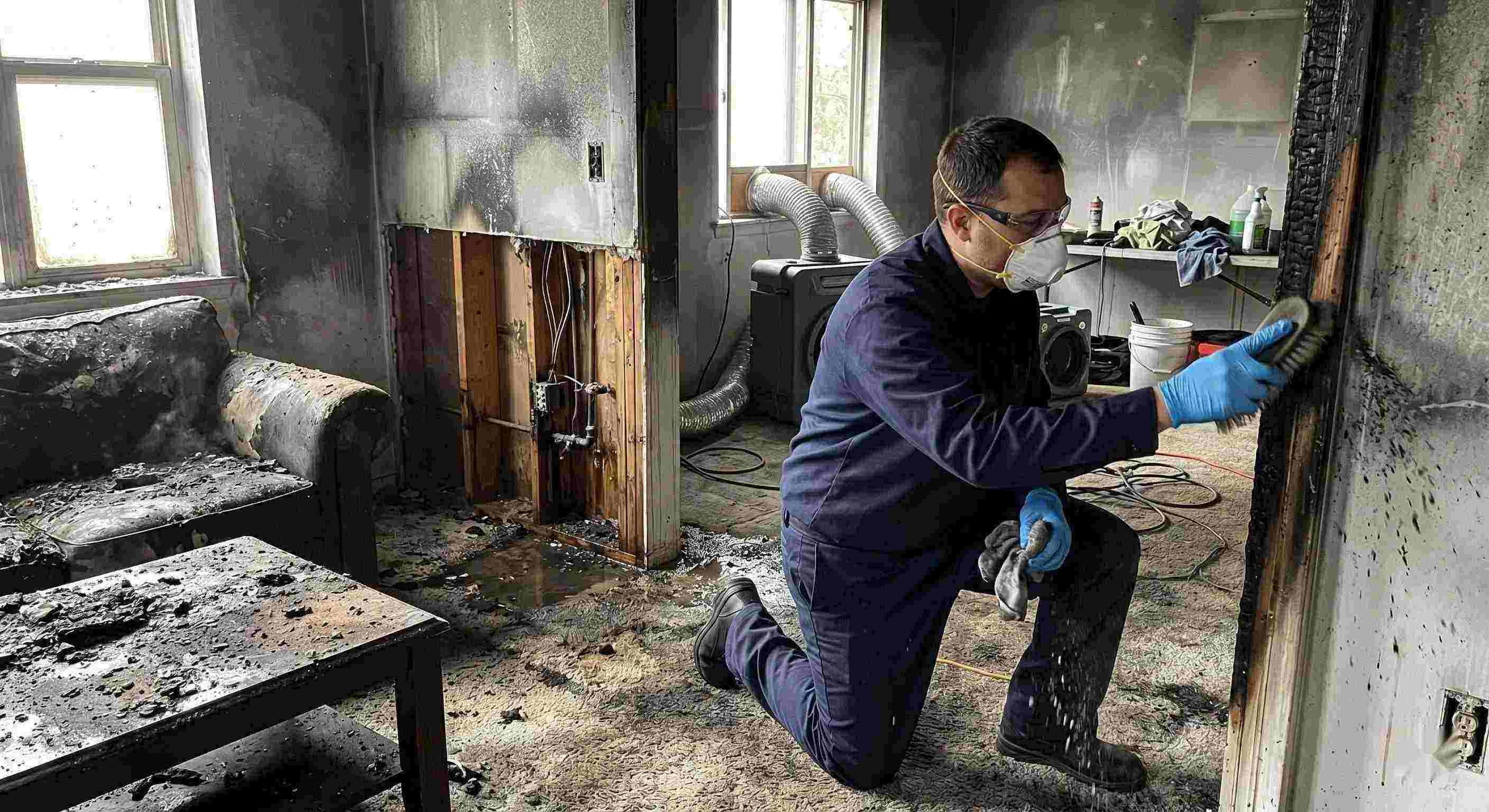 Reliable action shot of a fire damage restoration technician cleaning soot and debris in a home damaged by fire in Bonita Springs