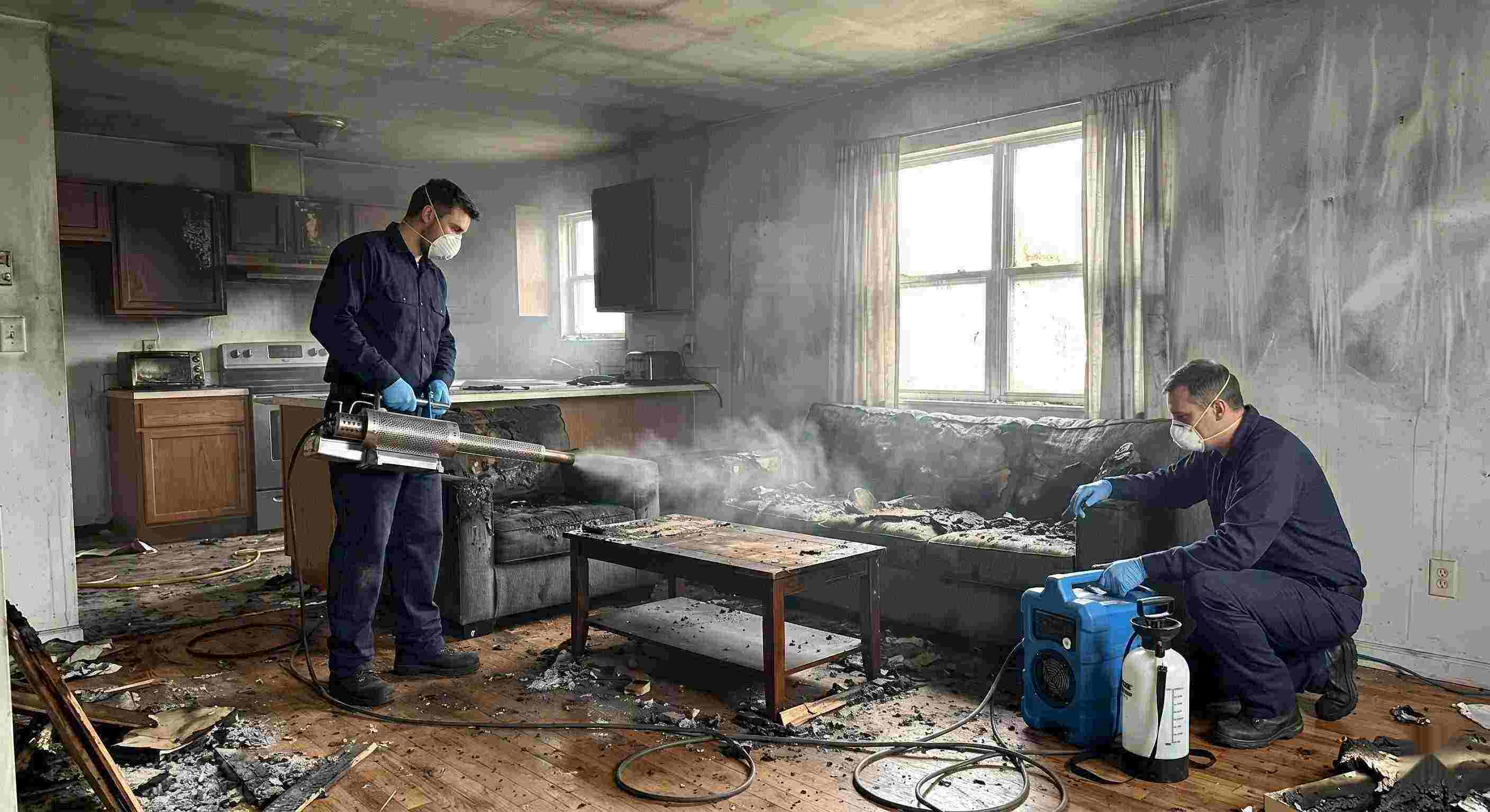 Top-rated fire odor removal service in a home showing technicians using thermal fogging equipment to eliminate smoke and soot odors in Bonita Springs.