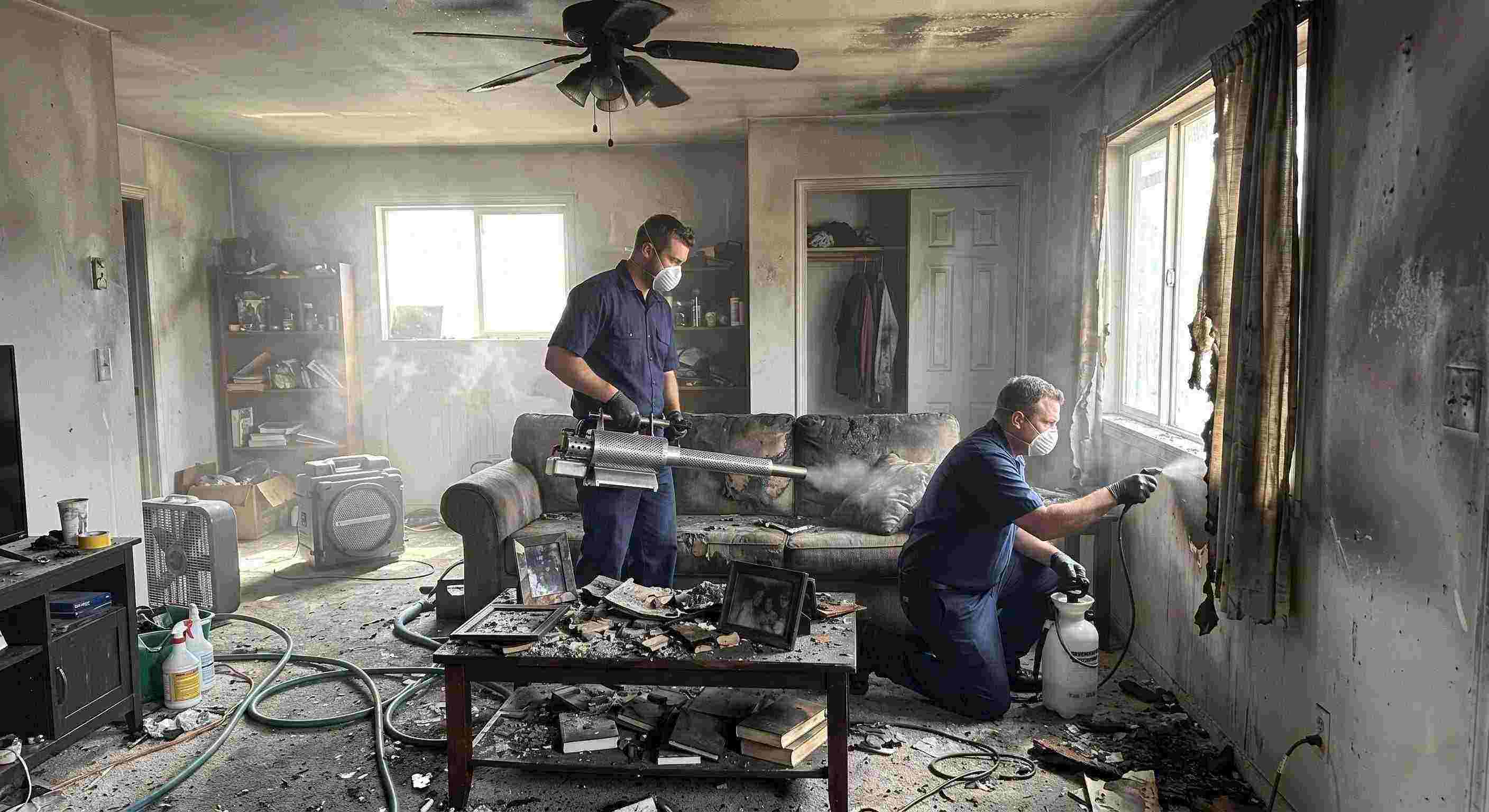 Reliable fire damage restoration technicians removing smoke odors from a soot-stained home in Bonita Springs, using thermal fogging and odor neutralization.