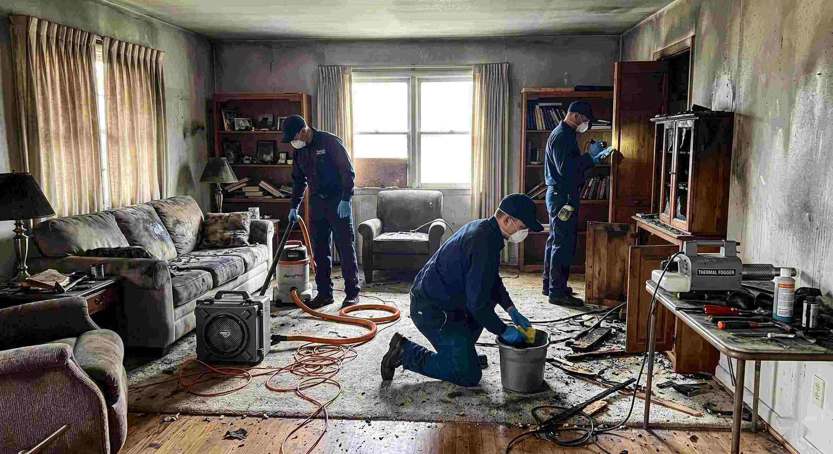 Expert photo of a fire restoration team using professional equipment to clean soot and smoke damage in a Bonita Springs home, emphasizing trust and hands-on expertise.