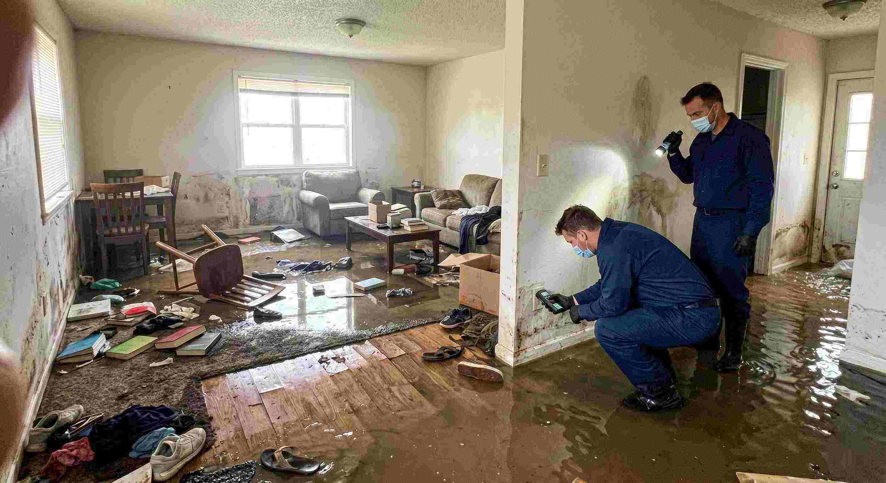 Severe home flooding with waterlogged floors, damaged furniture, and generic technician assessing the damage in Cape Coral