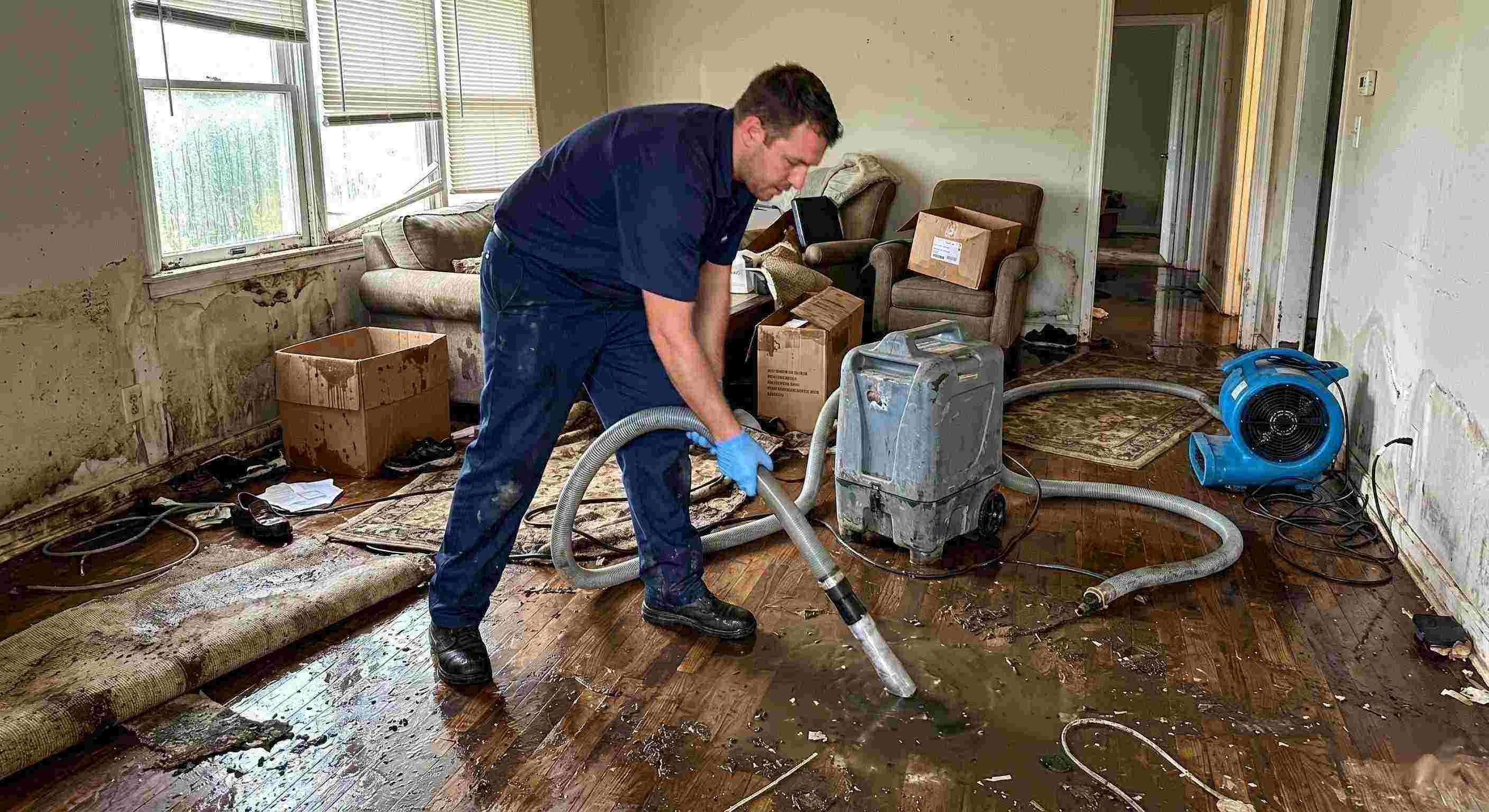 Action shot of a flood damage restoration technician removing standing water in a flooded home during the restoration process in Cape Coral.