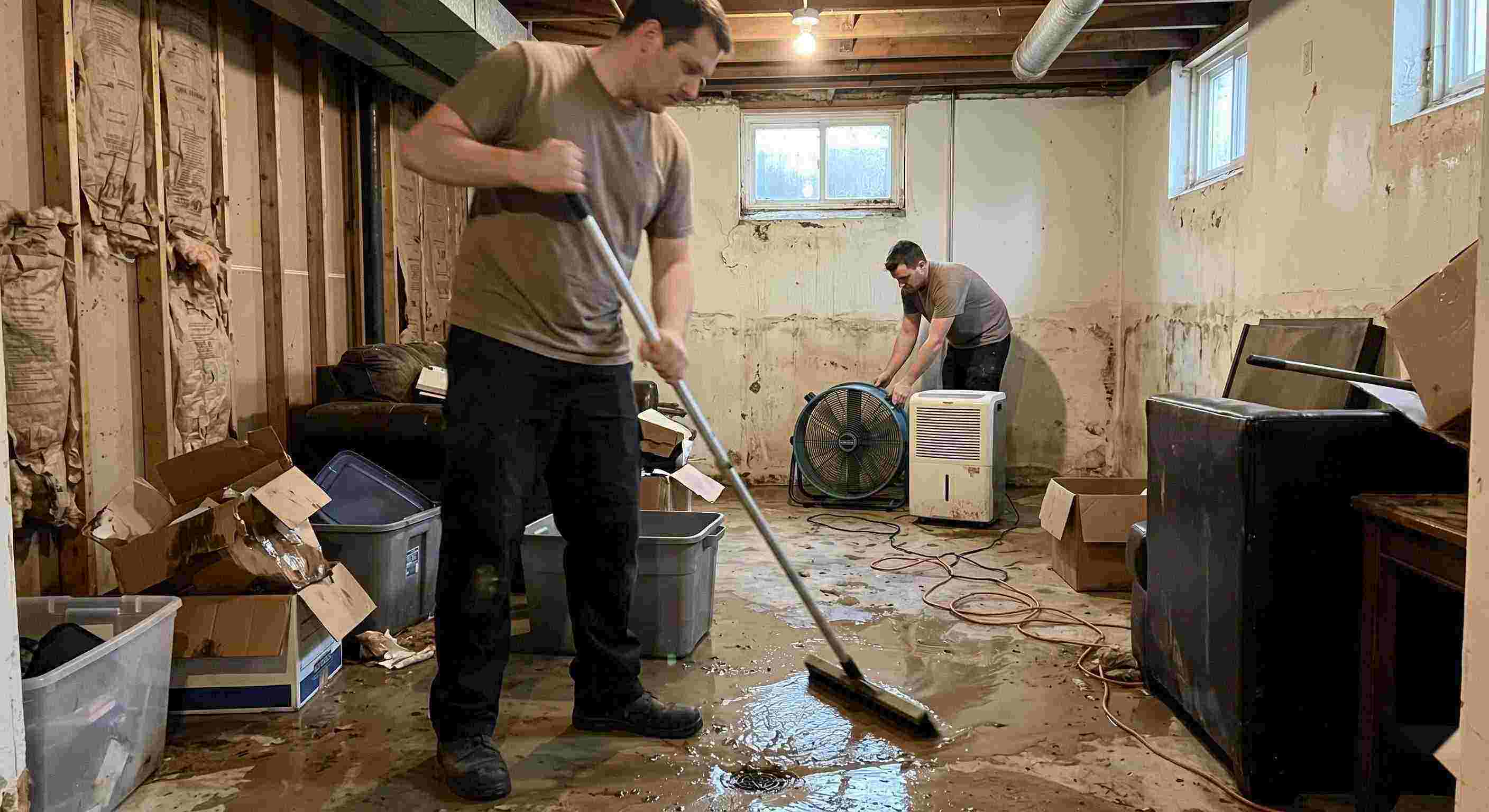 Fast flood and storm damage cleanup in a residential basement with standing water removal and drying equipment in Estero