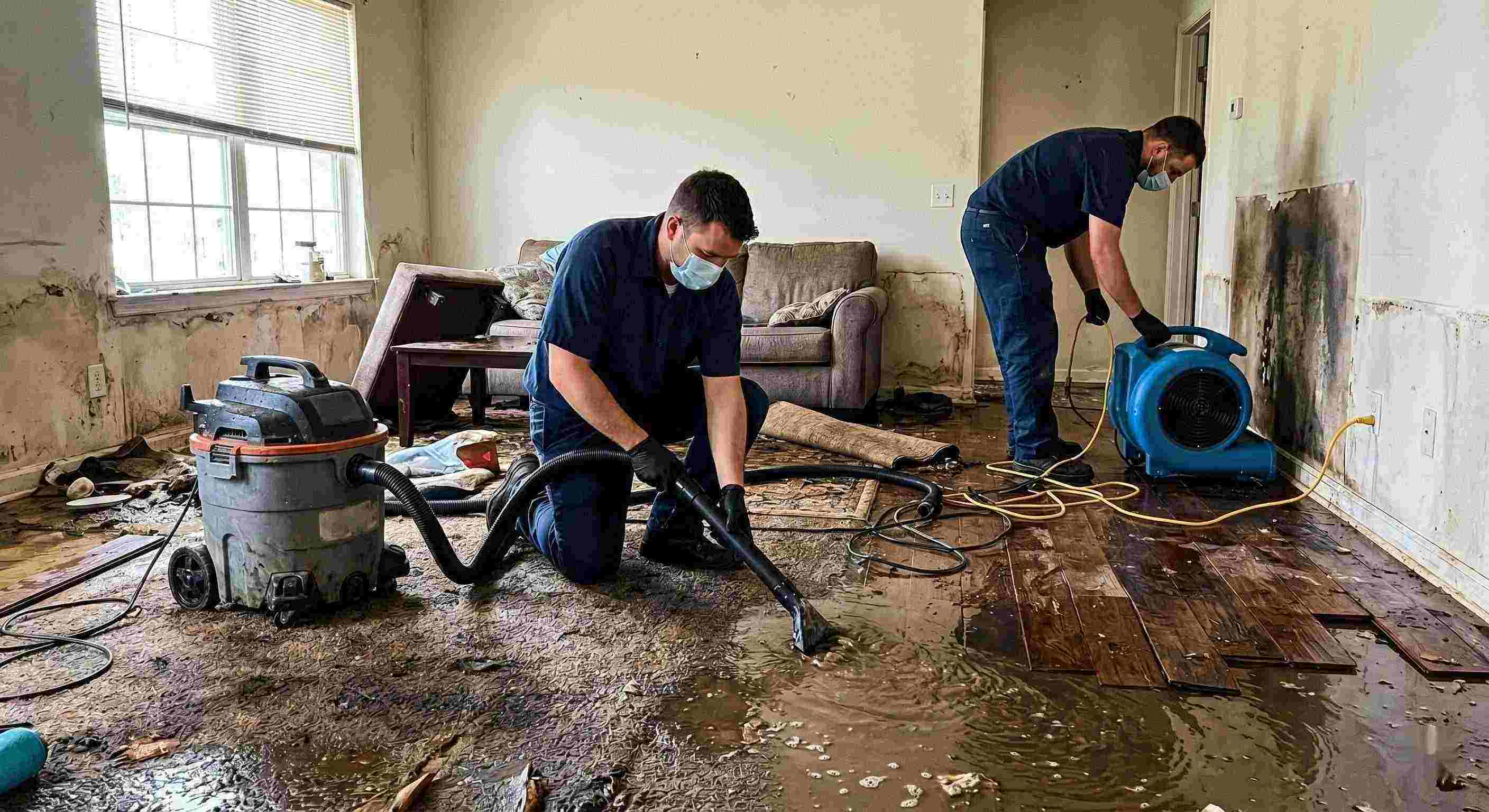 Flood water removal service in a residential home showing technicians extracting standing water and setting up drying equipment in Cape Coral