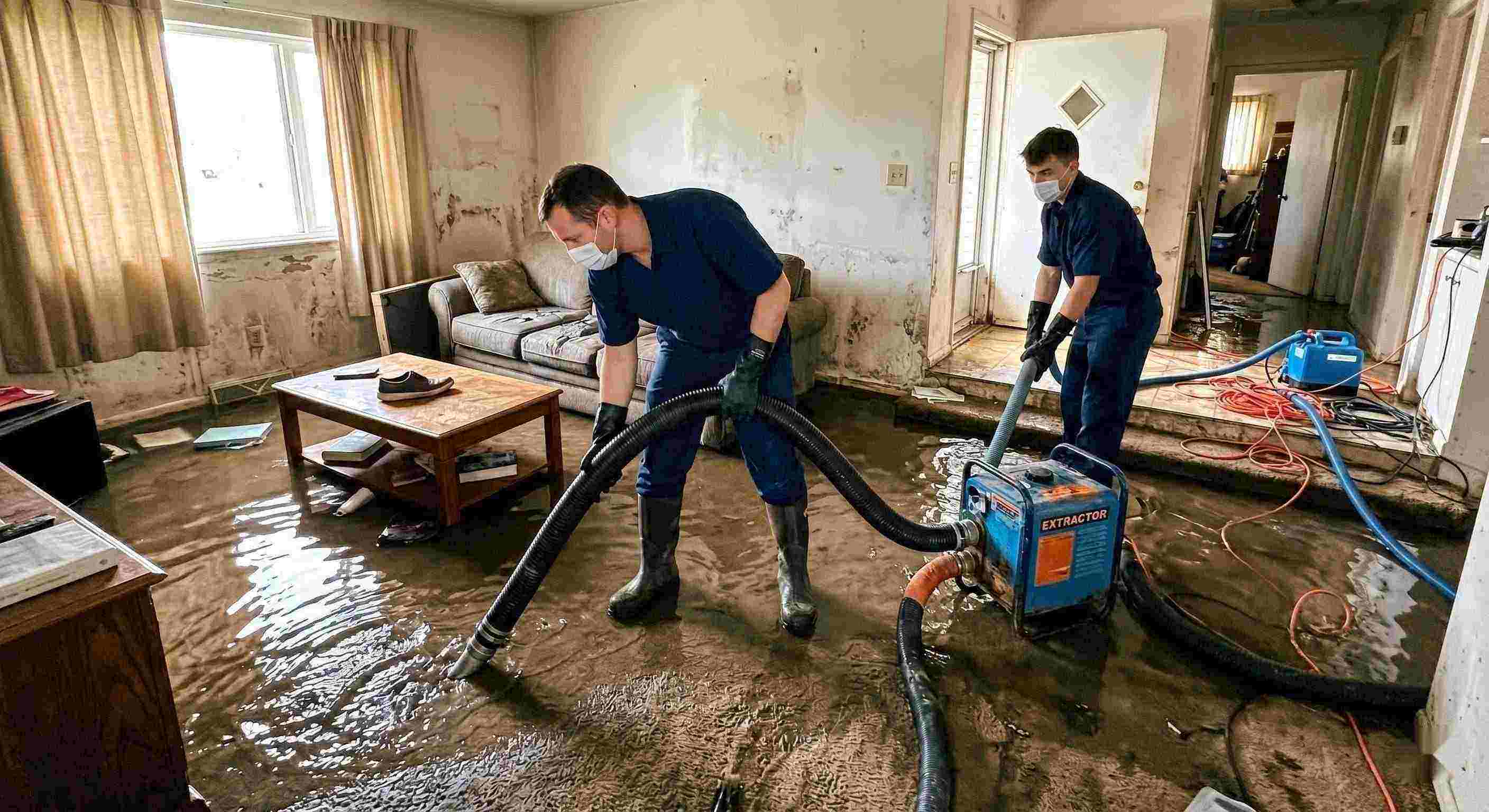 Realistic flood water removal inside a home with technicians using pumps and hoses to extract standing water during flood damage restoration in Cape Coral.