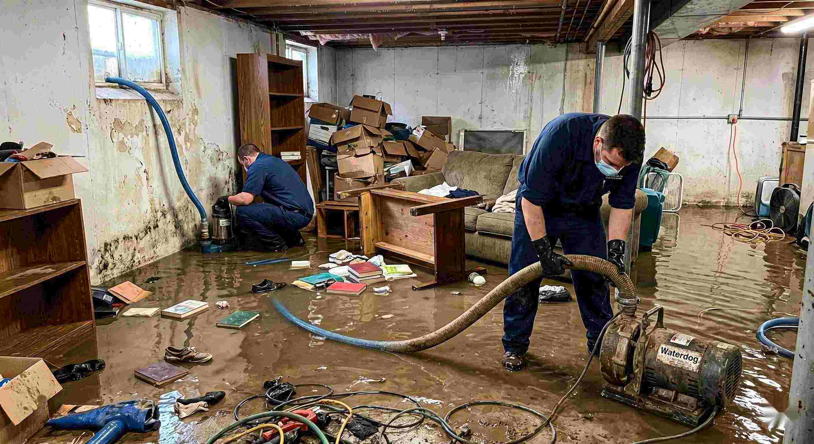 Realistic photo of a flooded basement cleanup with restoration technicians removing standing water in a home in Cape Coral