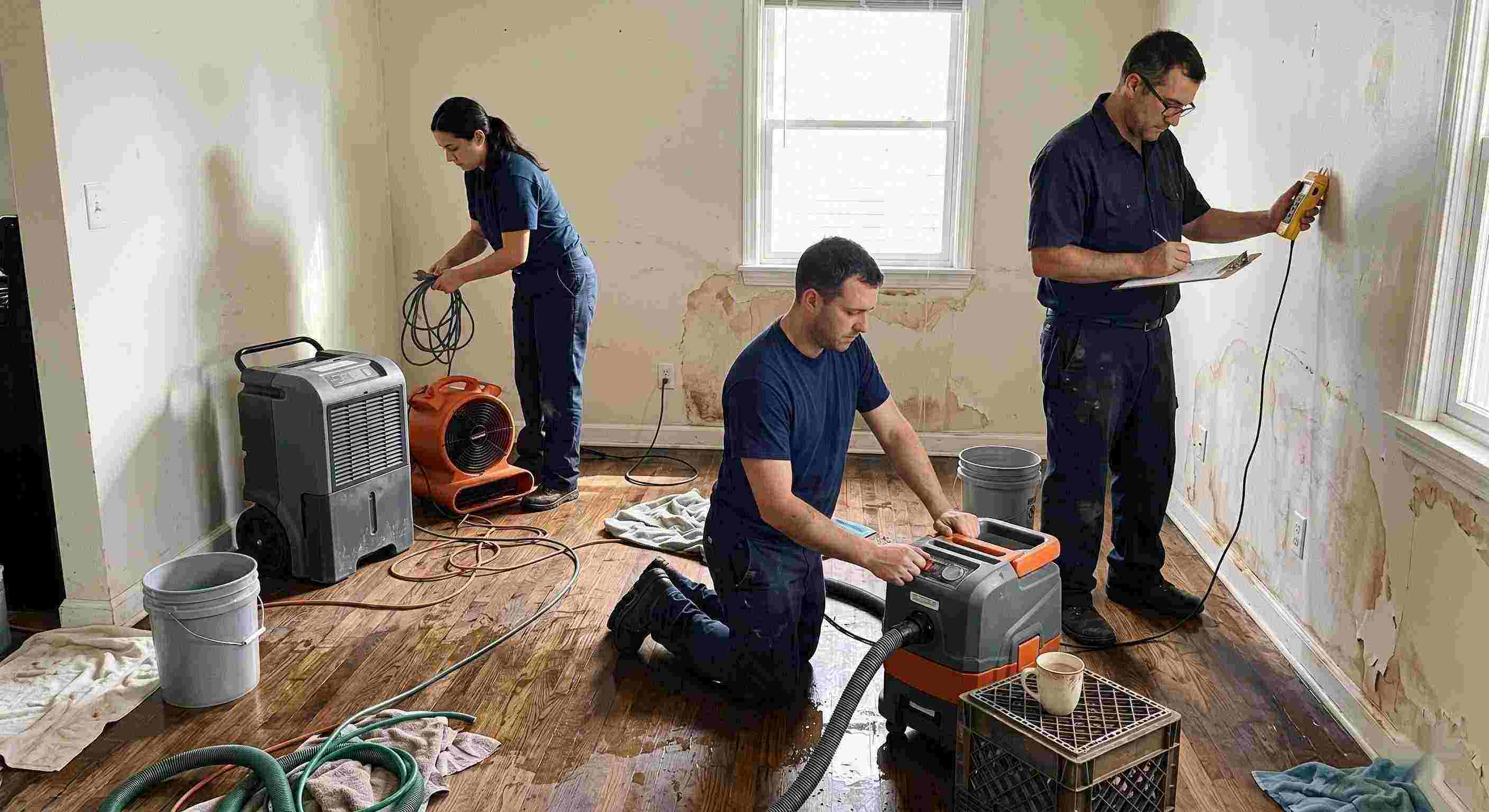 Local leak damage restoration team working with professional equipment to repair water-damaged home in Cape Coral.