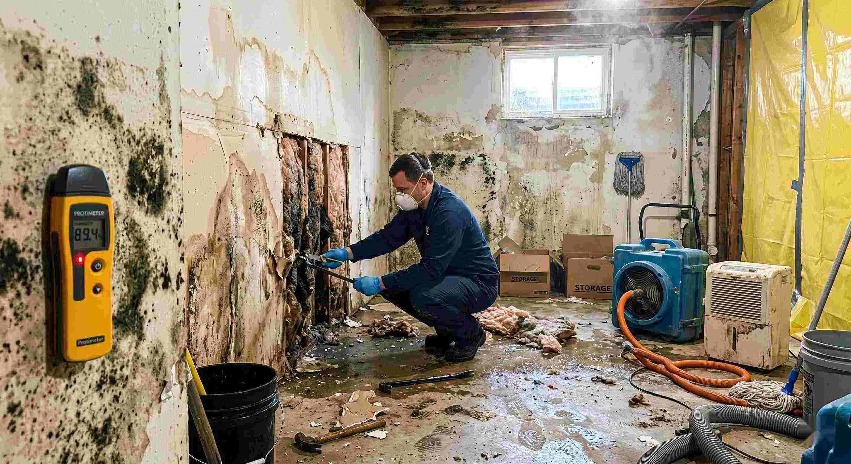 Professional mold after water damage cleanup in a residential home, showing a technician removing water-damaged drywall and treating mold in a damp basement in Cape Coral.