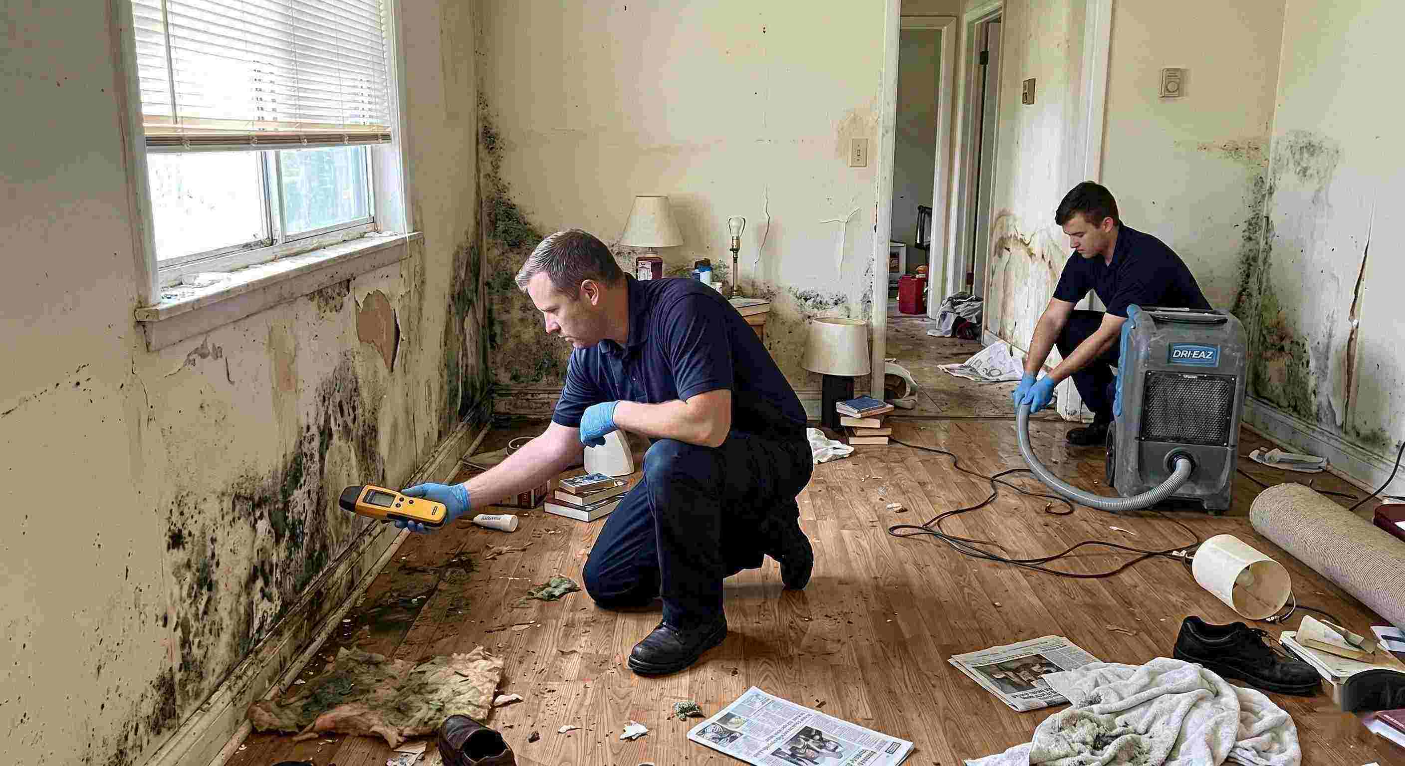 Realistic photo showing mold damage and water-affected walls in a home during mold remediation in Cape Coral, with technicians inspecting and controlling moisture.