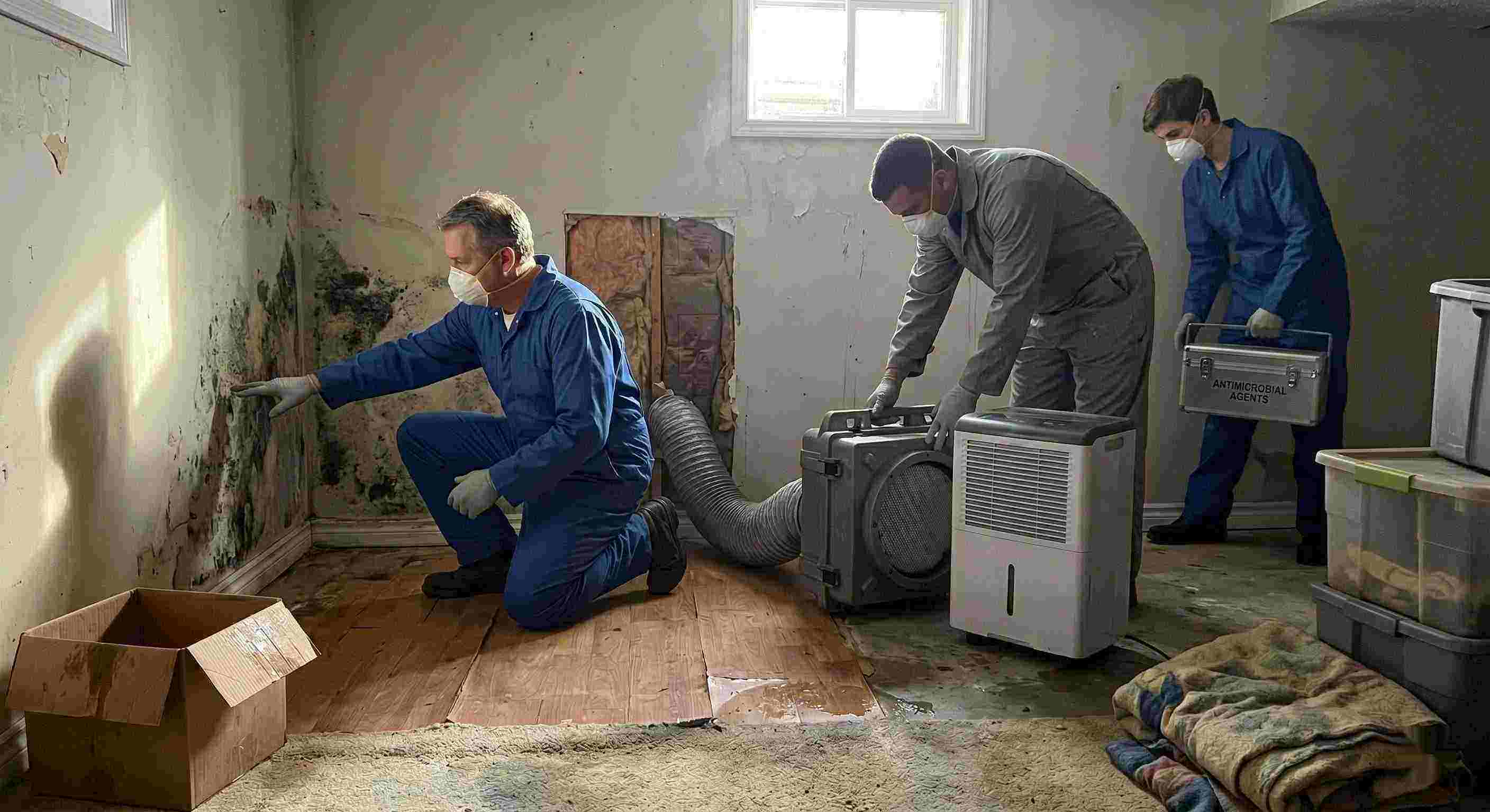 Residential mold remediation team performing inspection and cleanup with dehumidifiers and HEPA filters, showing professional team and equipment in a Cape Coral home.