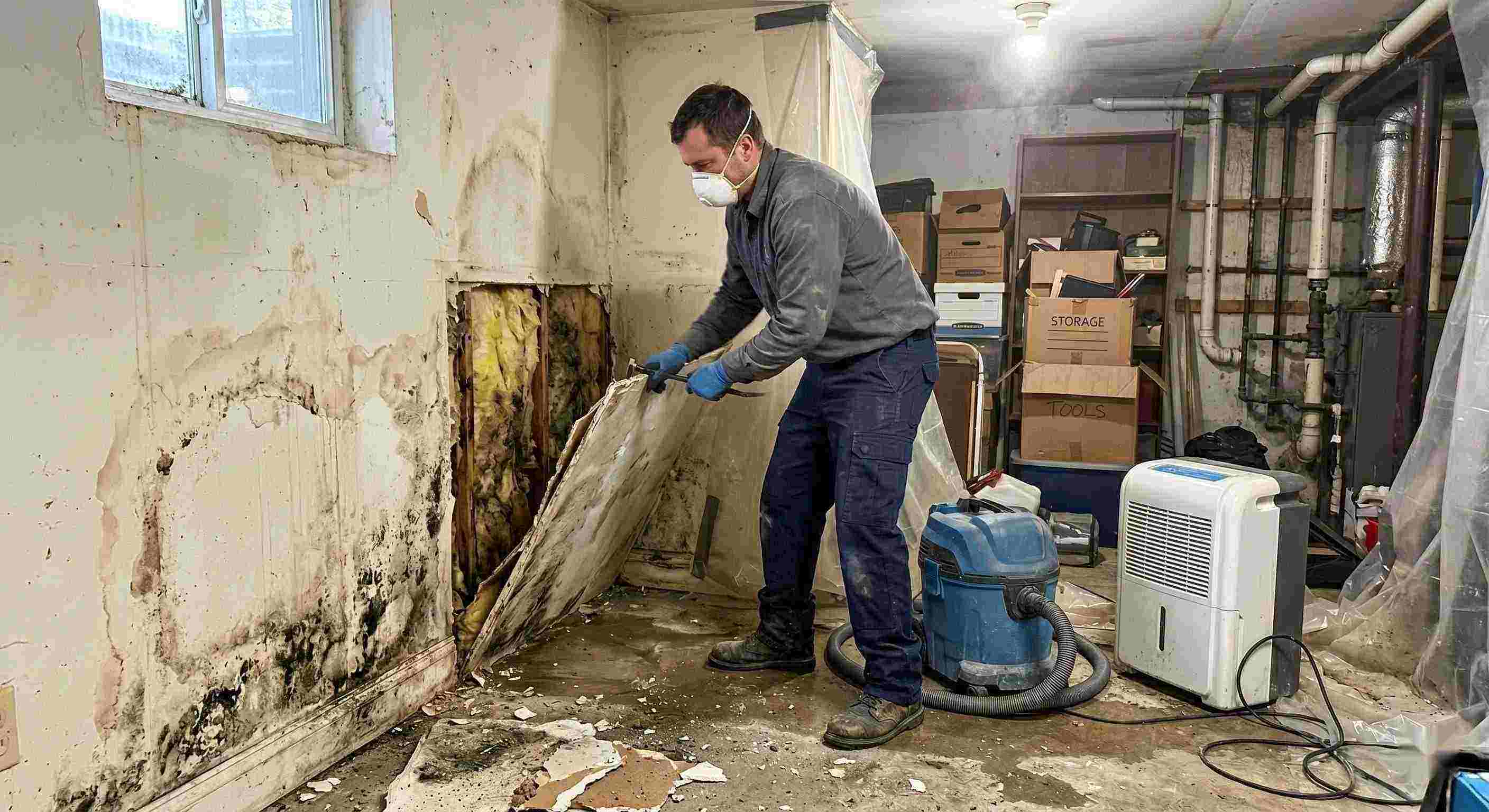 Action shot of a mold remediation technician removing damaged drywall and treating mold in a home basement in Cape Coral, showing realistic textures, dust, and water damage.