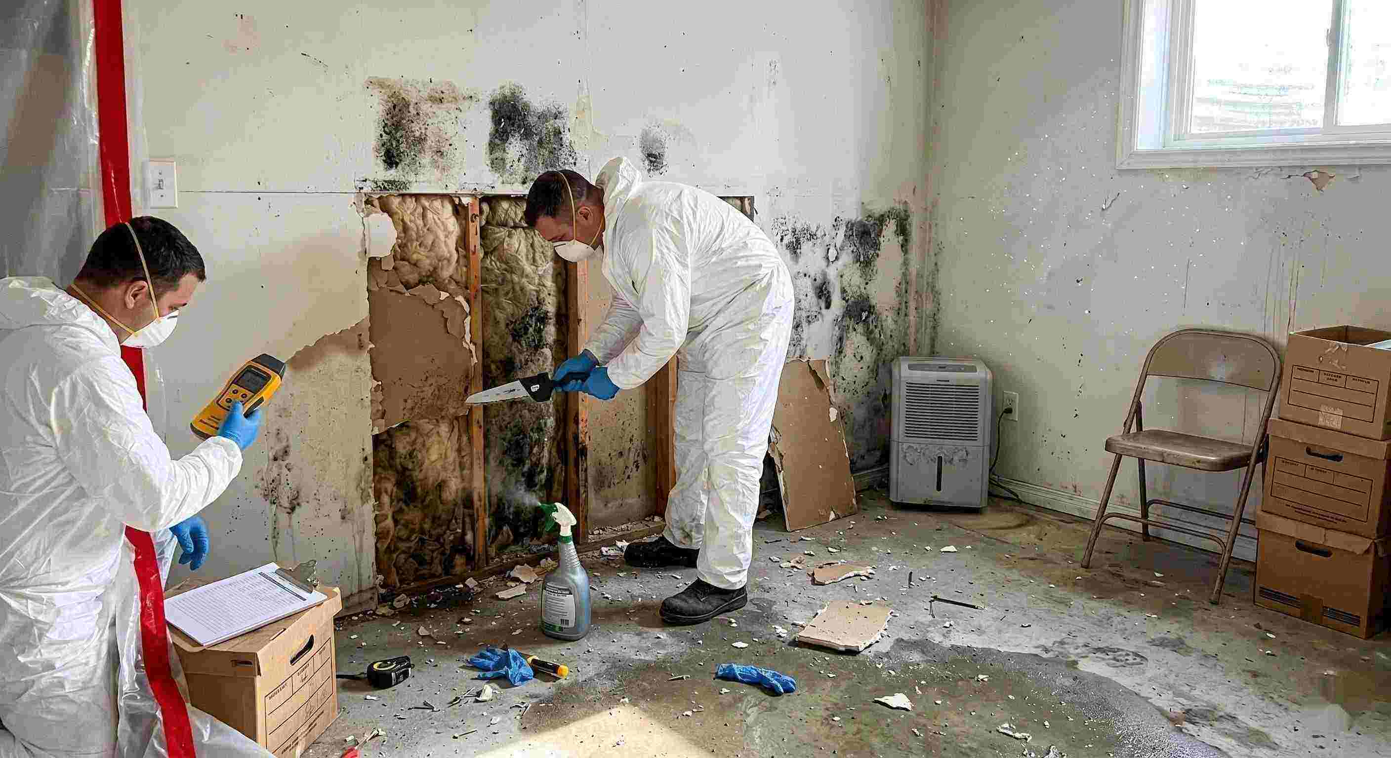 Professional mold removal service in a residential home, showing technicians removing black mold and moisture-damaged drywall in Cape Coral.