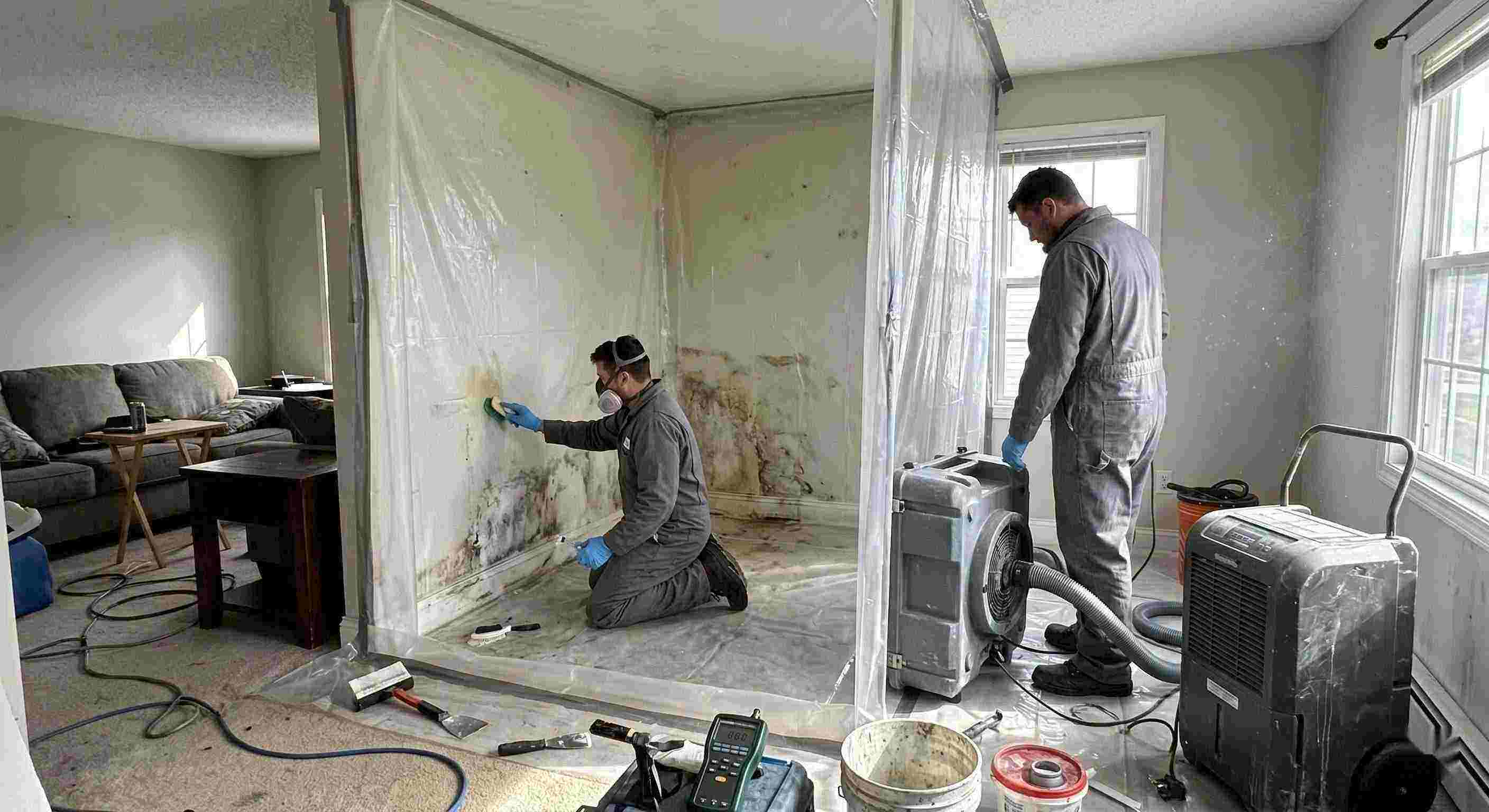 Technicians performing indoor mold removal in a residential home in Cape Coral, isolating damp areas and using HEPA air scrubbers and dehumidifiers.