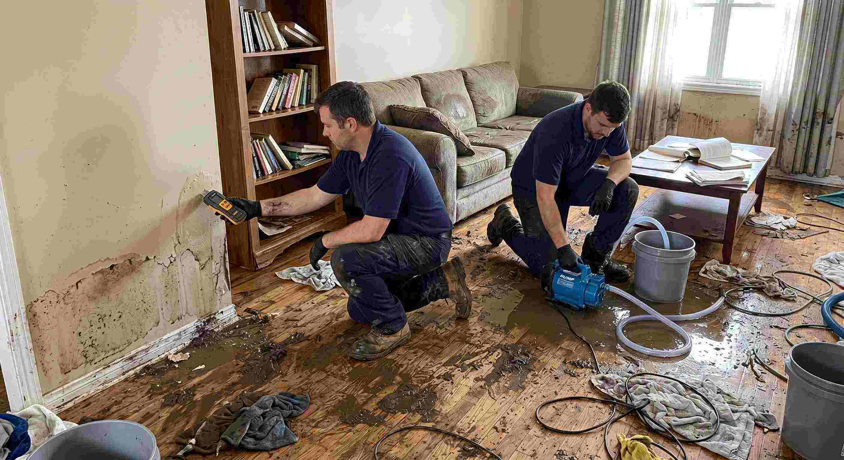 Realistic photo of a technician performing mud and debris removal after flooding in a home in Cape Coral, showing soaked floors, water-damaged furniture, and scattered cleaning equipment.