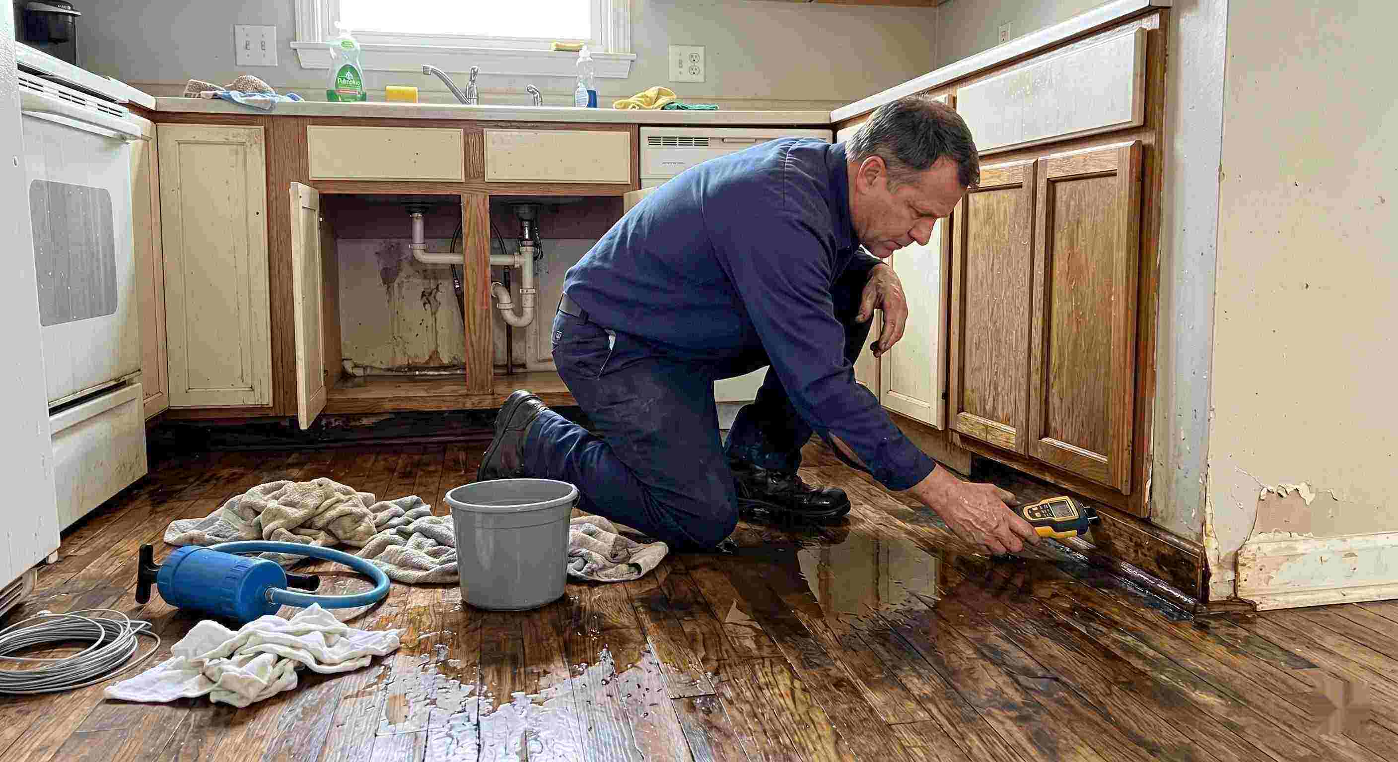 Technician performing pipe leak cleanup in a residential home in Cape Coral, inspecting water-damaged flooring and cabinets.