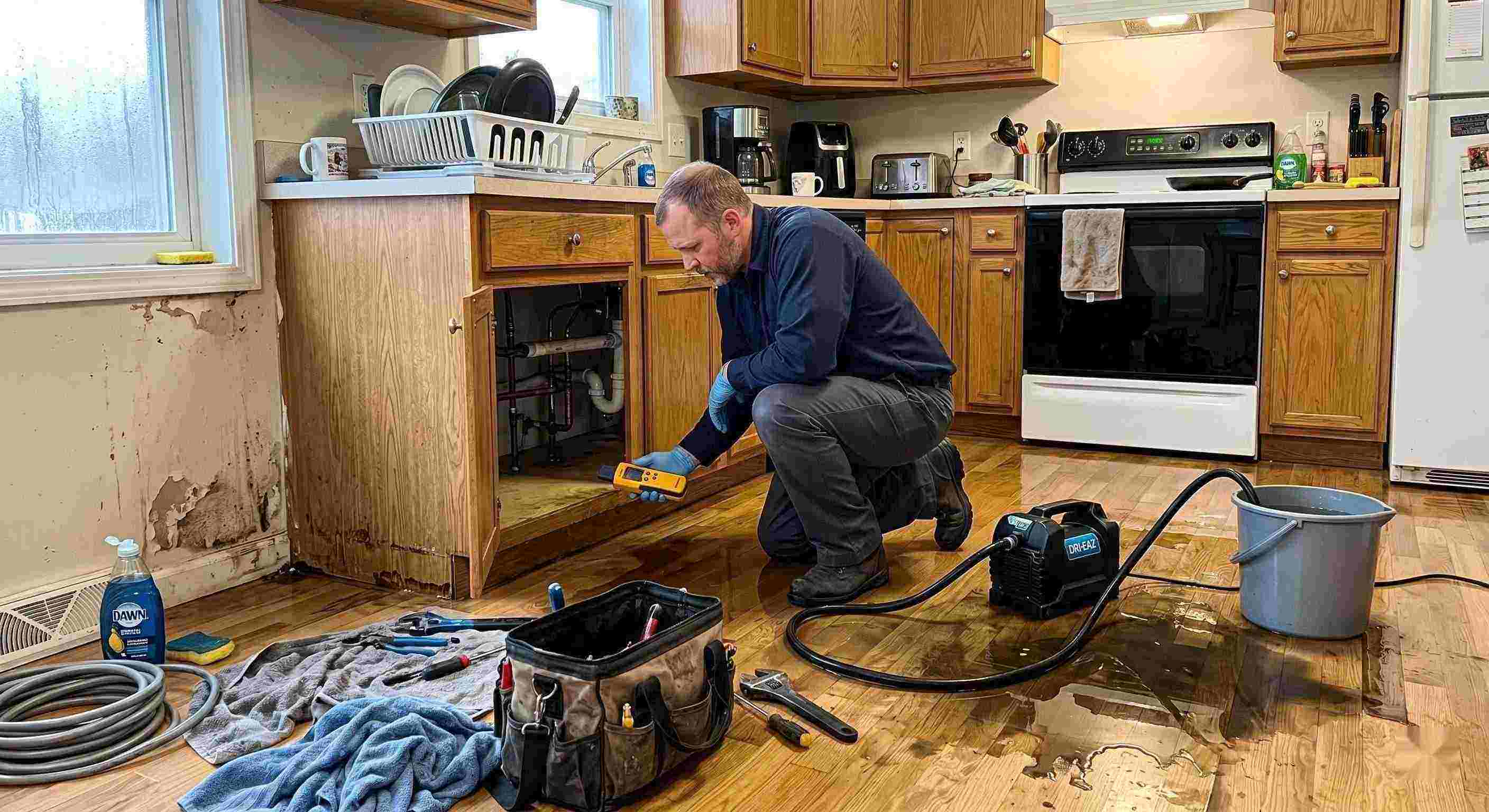 Pipe leak cleanup service in a residential kitchen showing water damage and a technician actively restoring the area in Cape Coral.