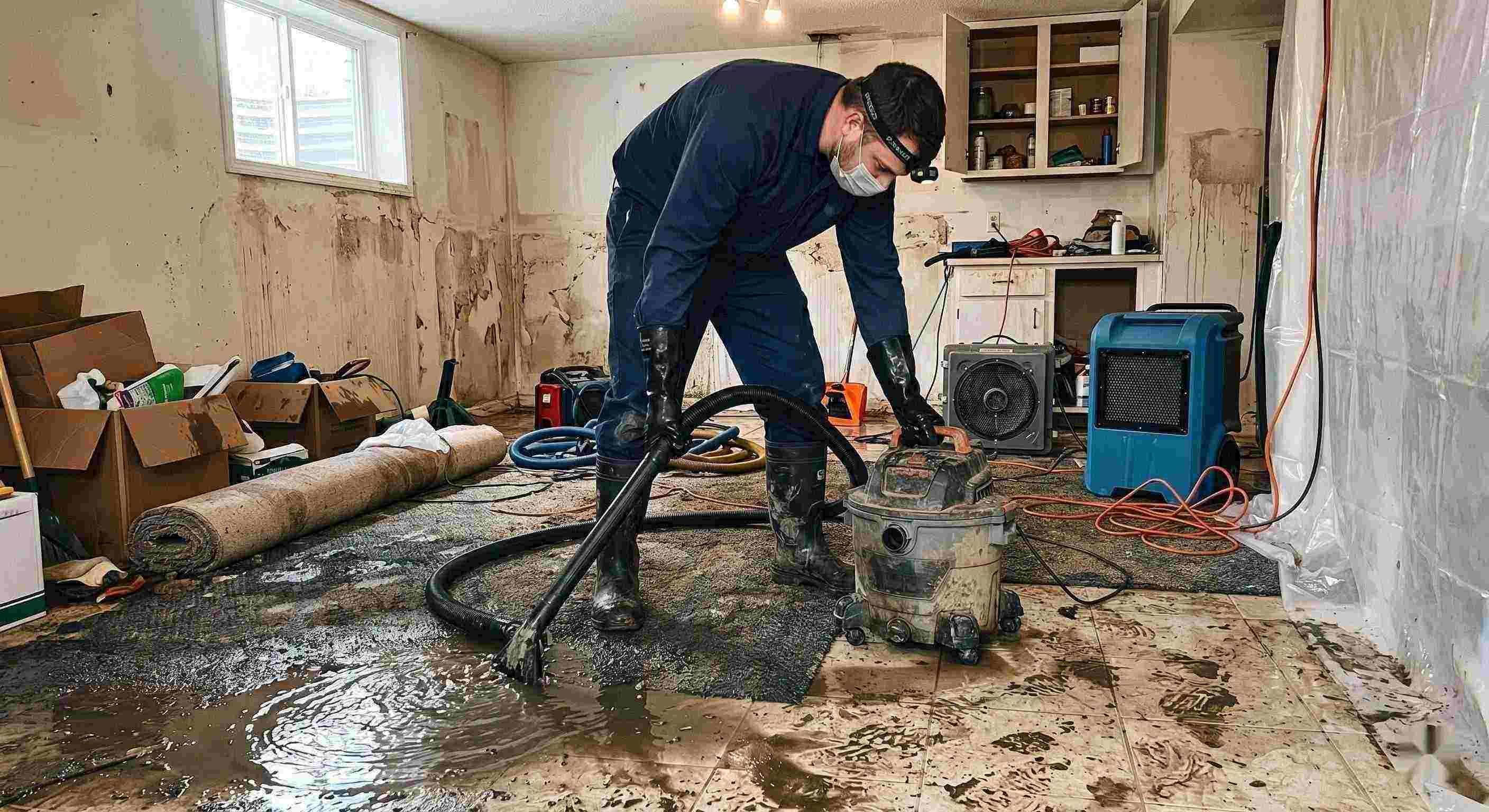 Action shot of a technician performing sewage backup cleanup in a residential home, showing water extraction and sanitation processes in Cape Coral.
