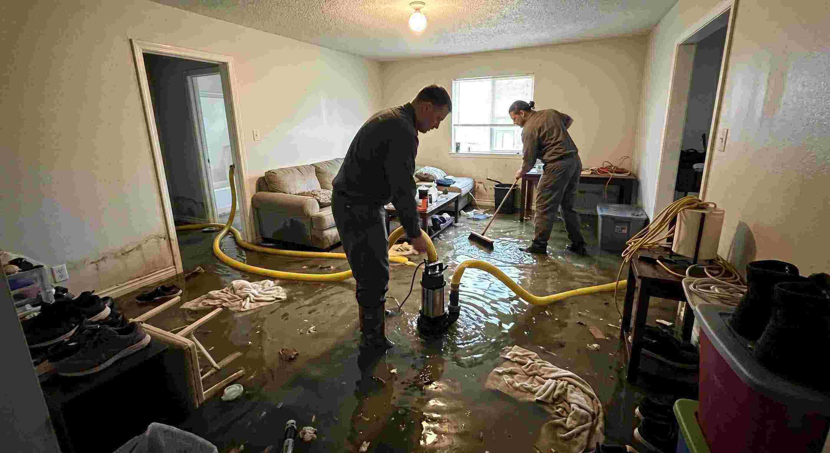 High volume residential pump-out services removing flood water with submersible pumps in Cape Coral