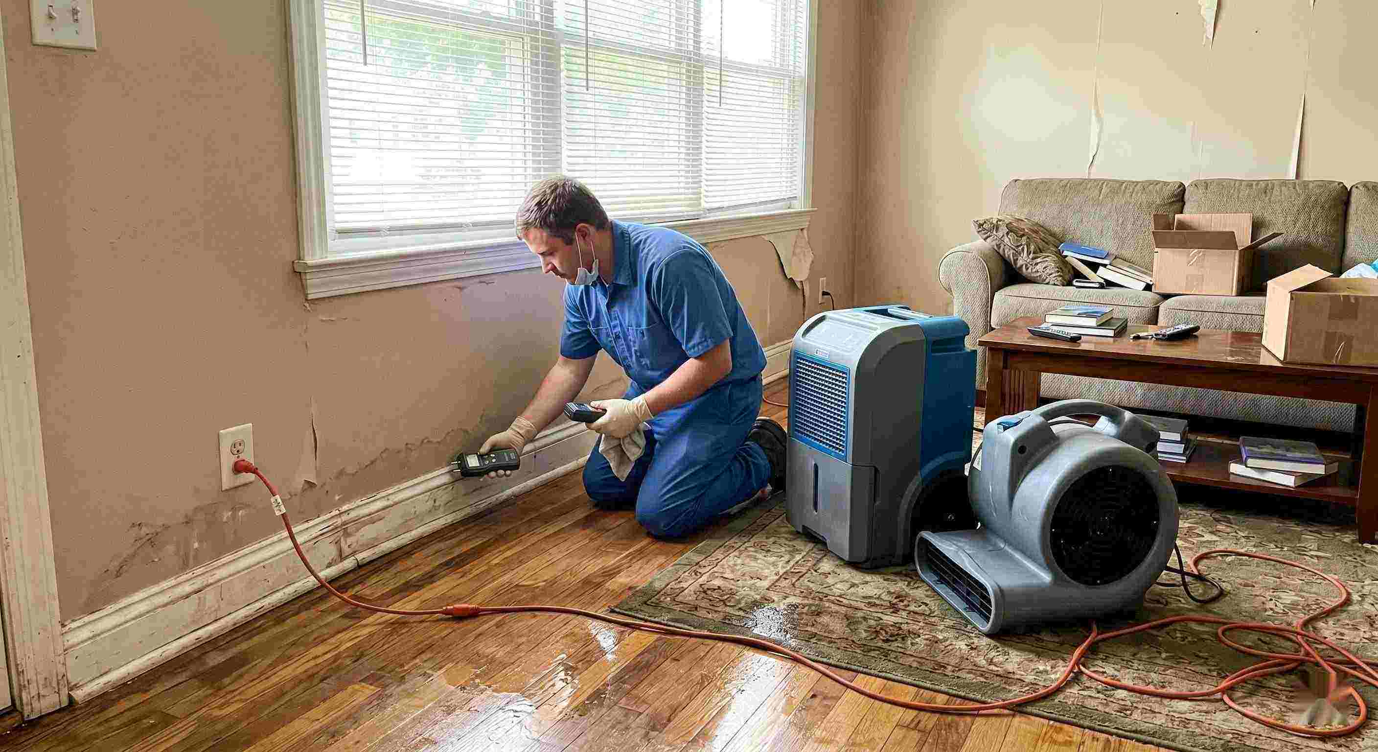 Technician performing rainwater intrusion cleanup in a flooded home in Cape Coral, showing wet floors, damp walls, and dehumidifiers in use.