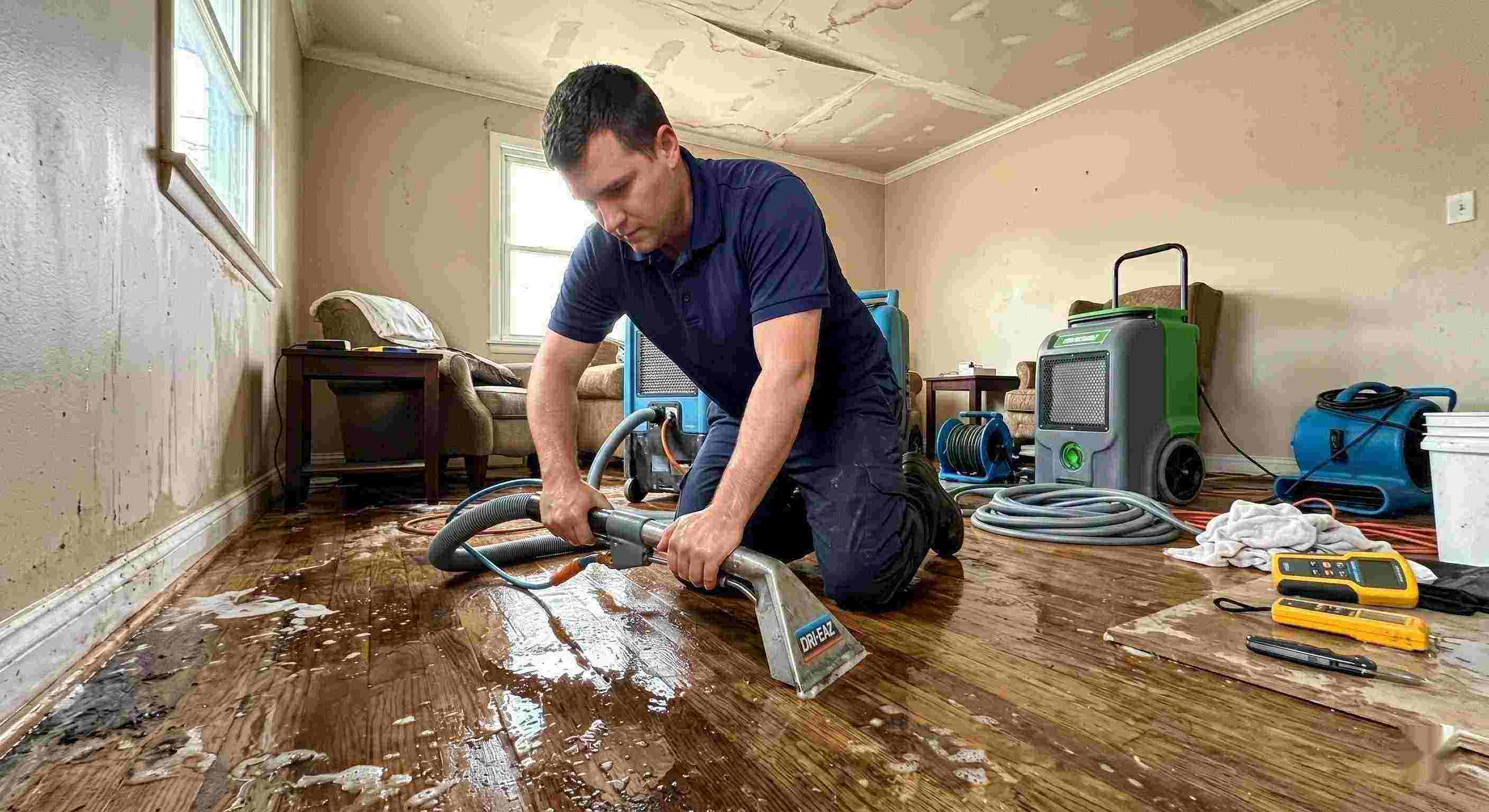 Action shot of a leak damage restoration technician performing water extraction and drying in a home in Cape Coral, showing realistic water damage and cleanup process.