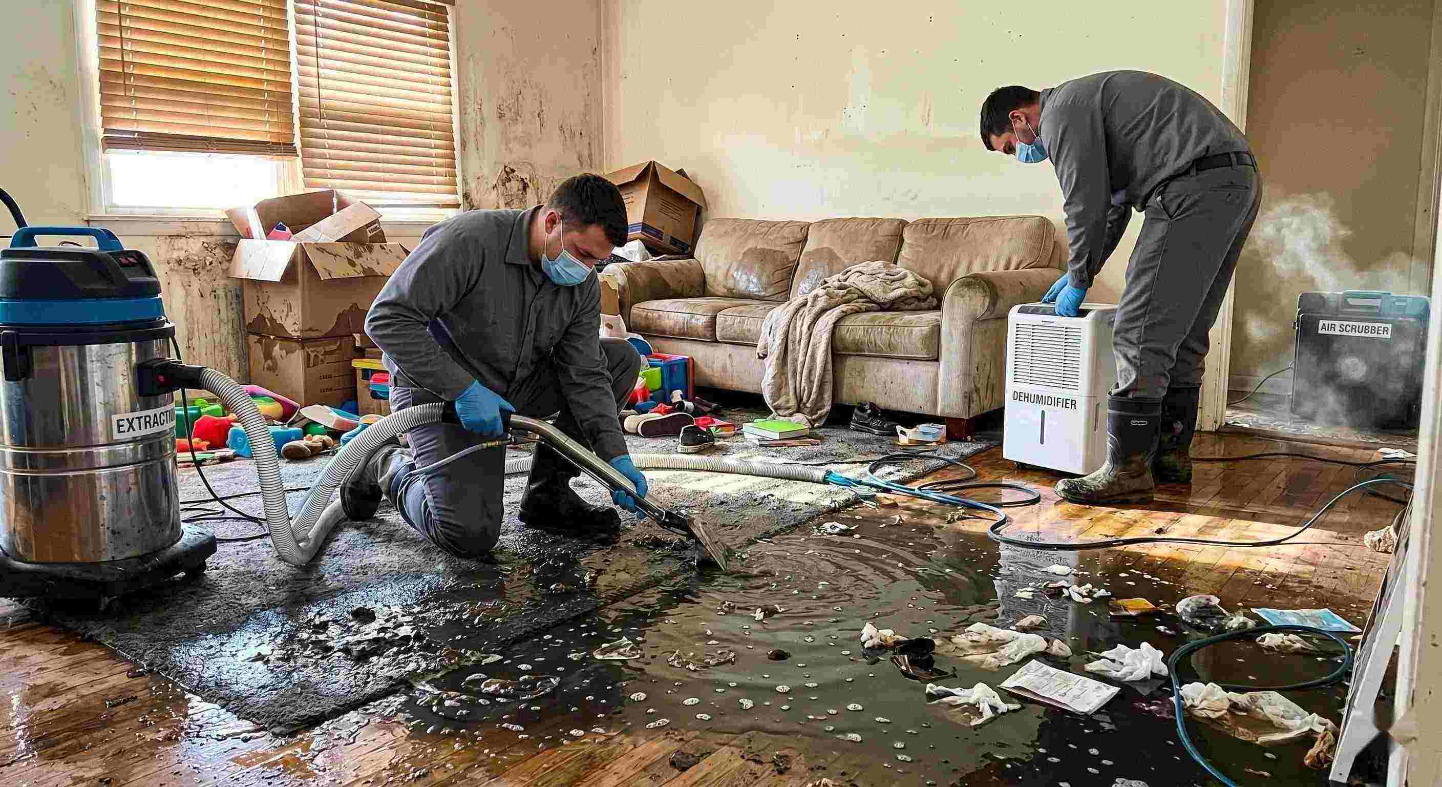 Realistic image of a residential sewage backup cleanup in progress, with technicians removing contaminated water and using drying equipment in a home in Cape Coral.