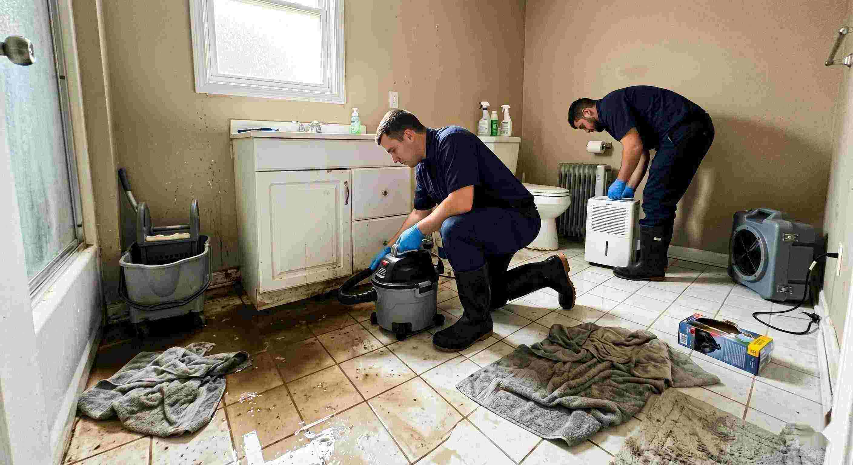 Realistic sewage backup cleanup in a home bathroom, technician extracting contaminated water during emergency sewage cleanup in Cape Coral