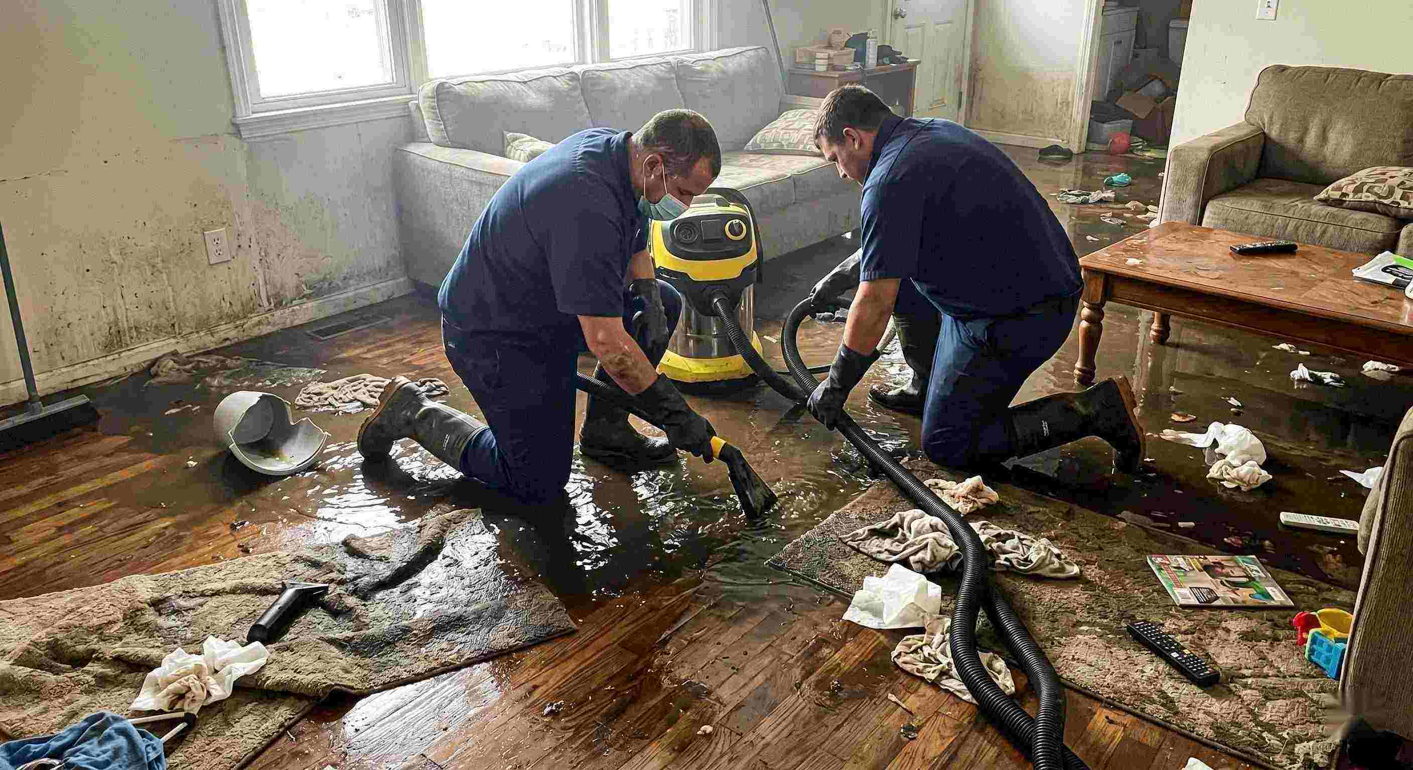 Realistic scene of sewage backup cleanup in a home showing technicians removing contaminated water in Cape Coral.