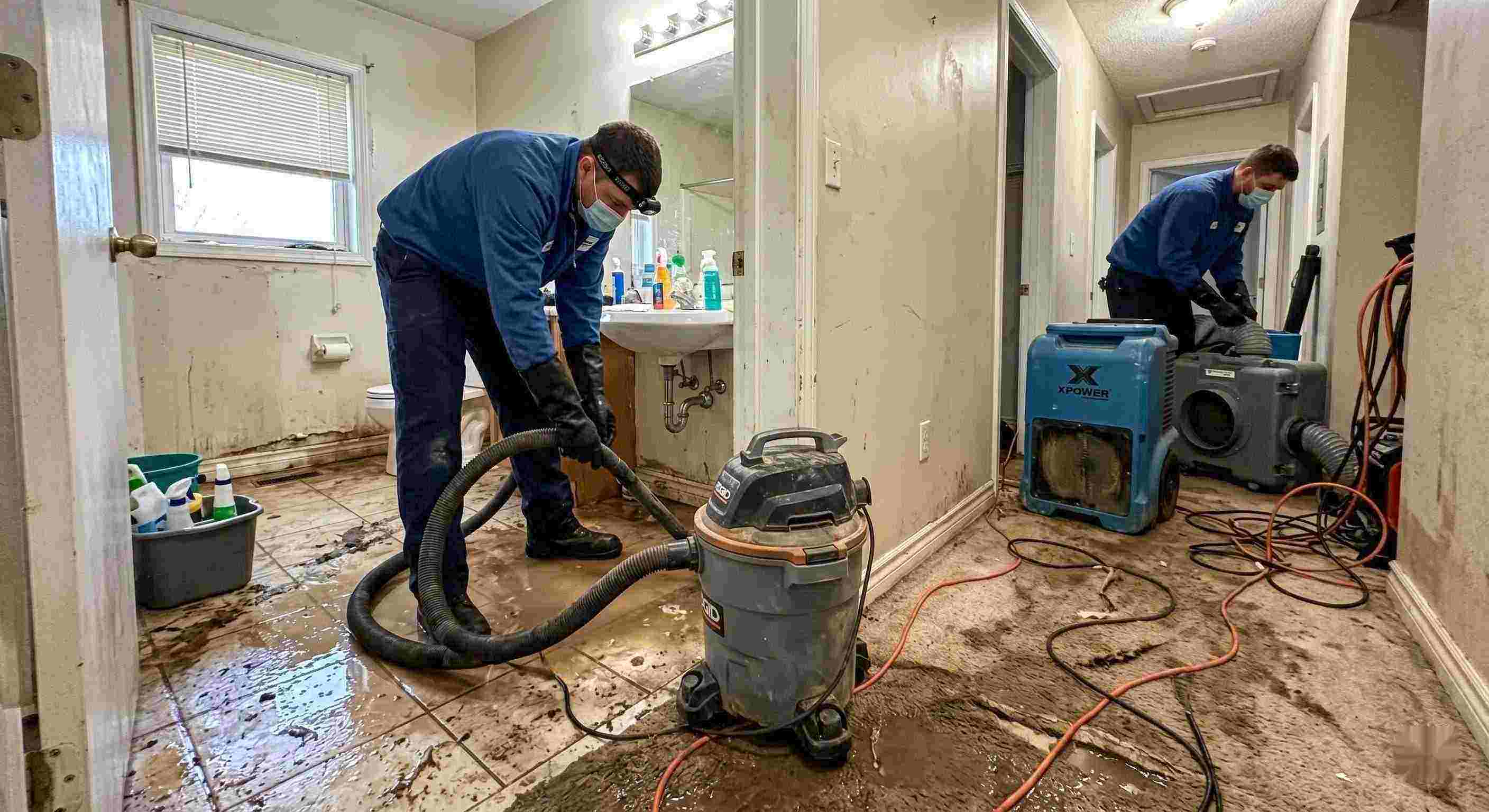 Sewage backup cleanup in a home with technicians removing contaminated water and drying surfaces in Cape Coral