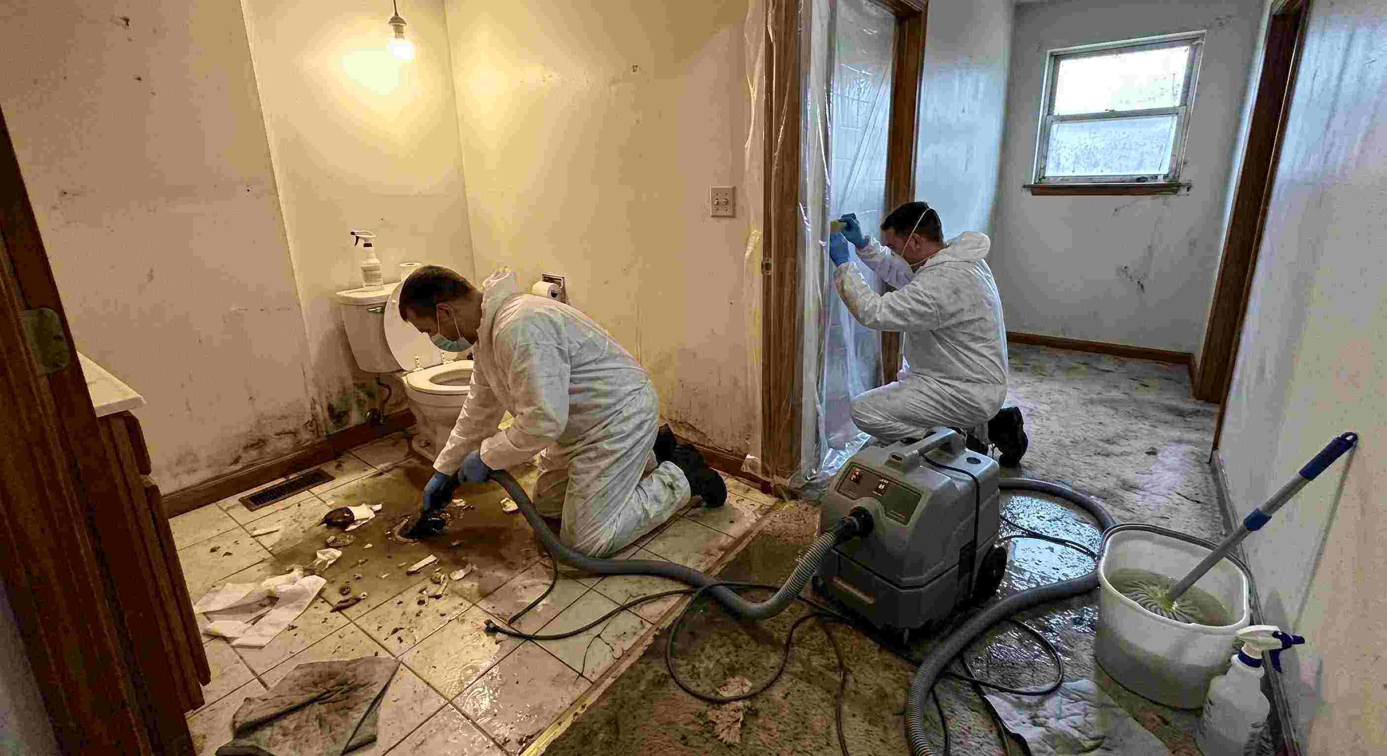 Local sewage backup cleanup technicians removing contaminated water inside home in Estero