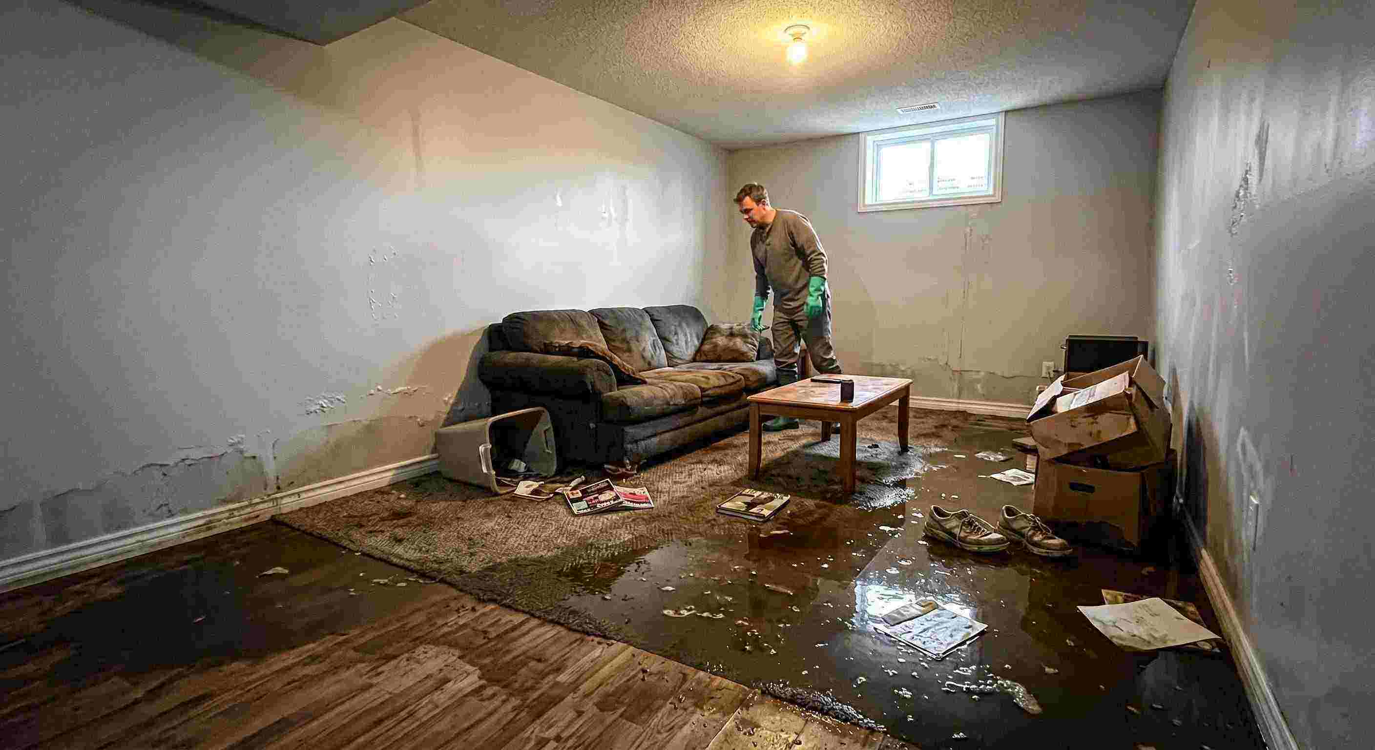 severe sewage backup damage spreading across basement floors and walls in Cape Coral home