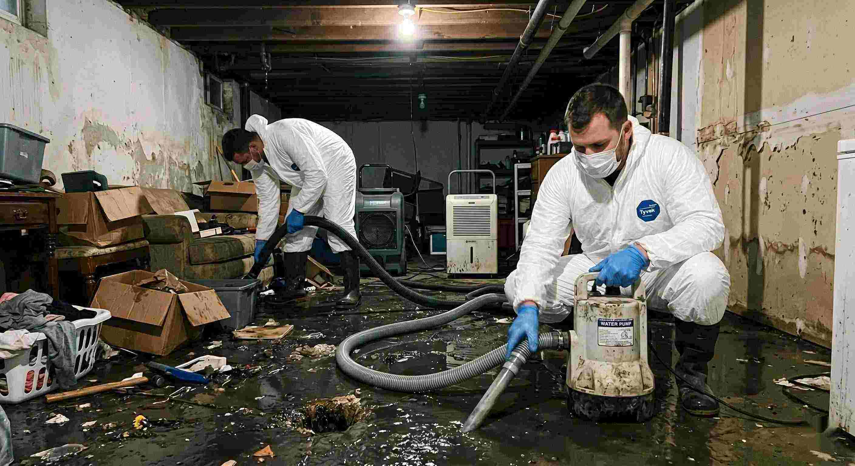 sewer backup cleanup technicians removing contaminated water from flooded basement in Cape Coral