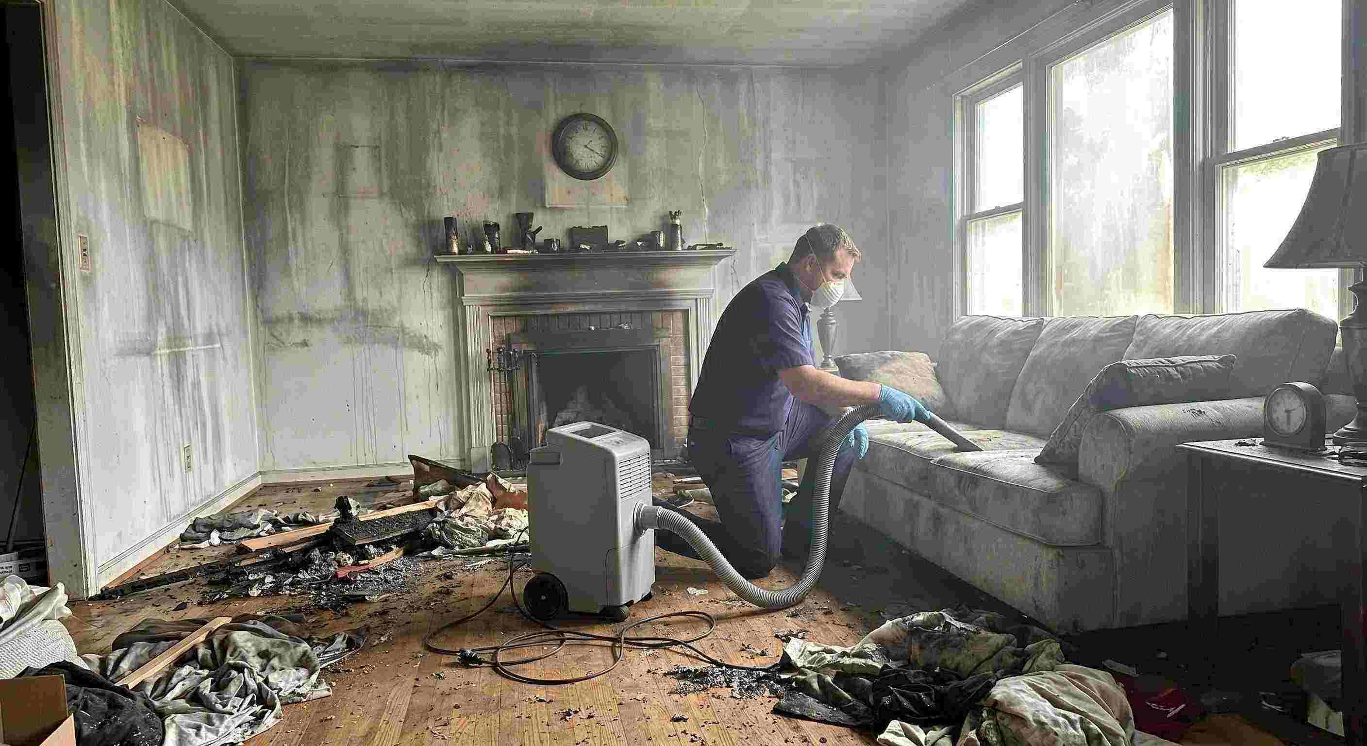 Top-rated realistic post-fire smoke damage removal in a home with soot-covered walls and debris being cleaned by a technician in Bonita Springs.