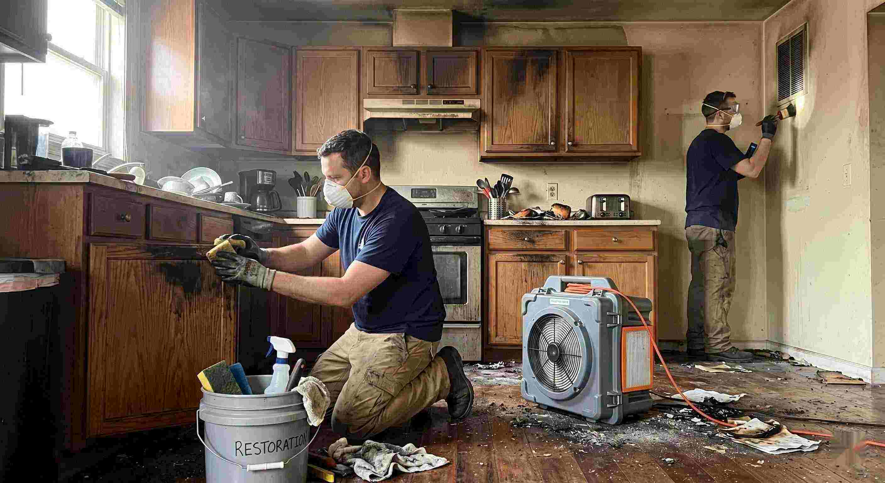 Best technicians performing smoke damage removal in a home in Bonita Springs after a kitchen fire, cleaning soot and restoring indoor air quality.