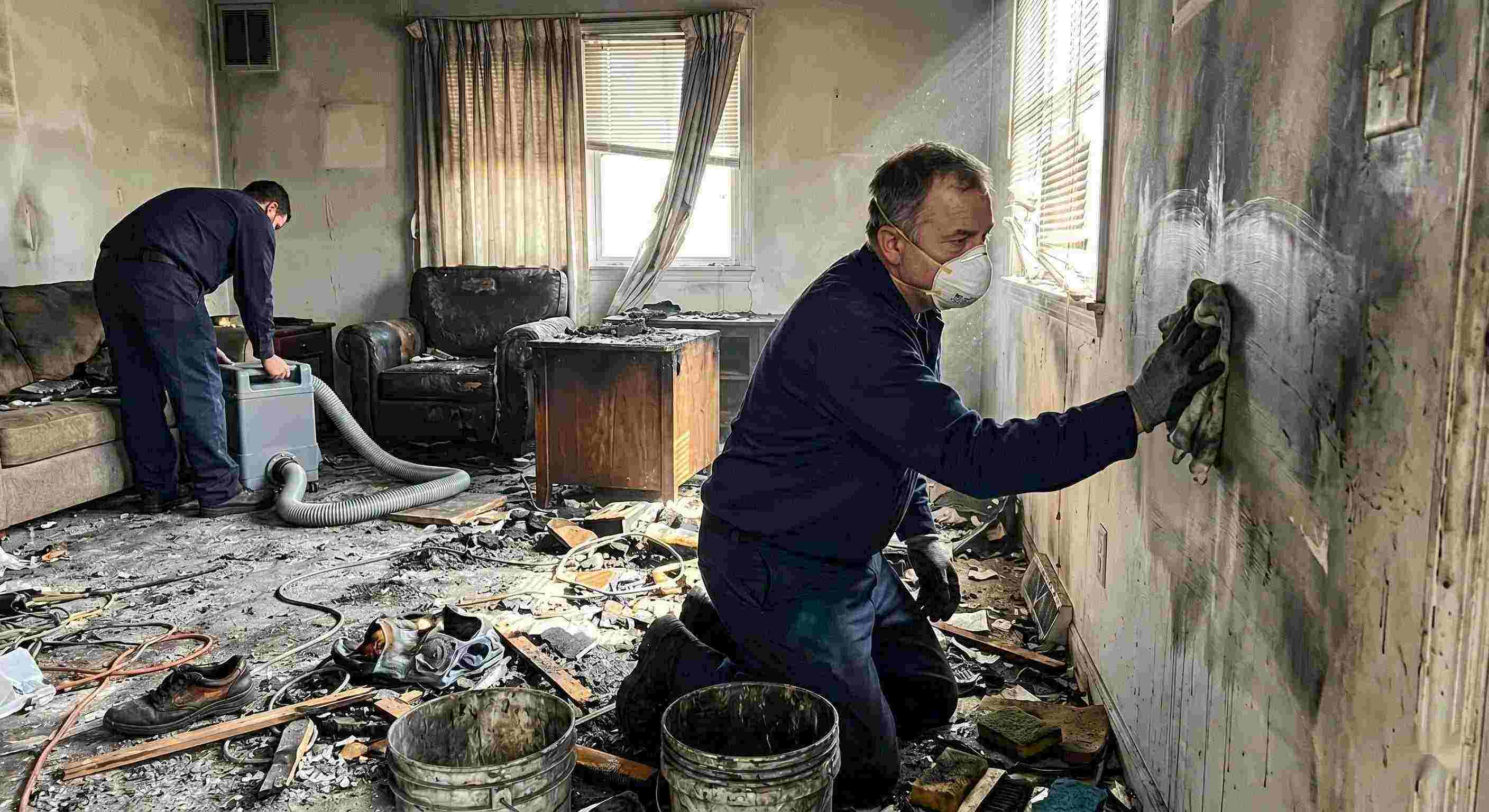 Trusted technician performing soot removal in a fire-damaged home in Bonita Springs, carefully cleaning walls and surfaces covered in smoke residue and ash