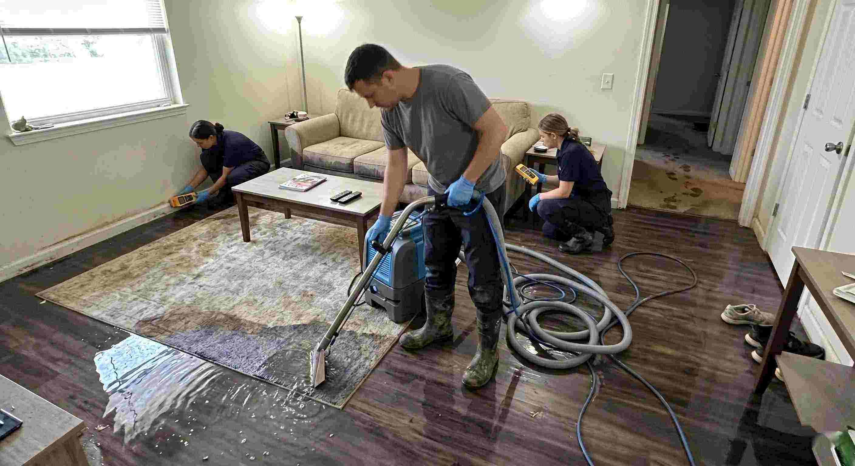 Standing water extraction service removing pooled water inside a home in Cape Coral